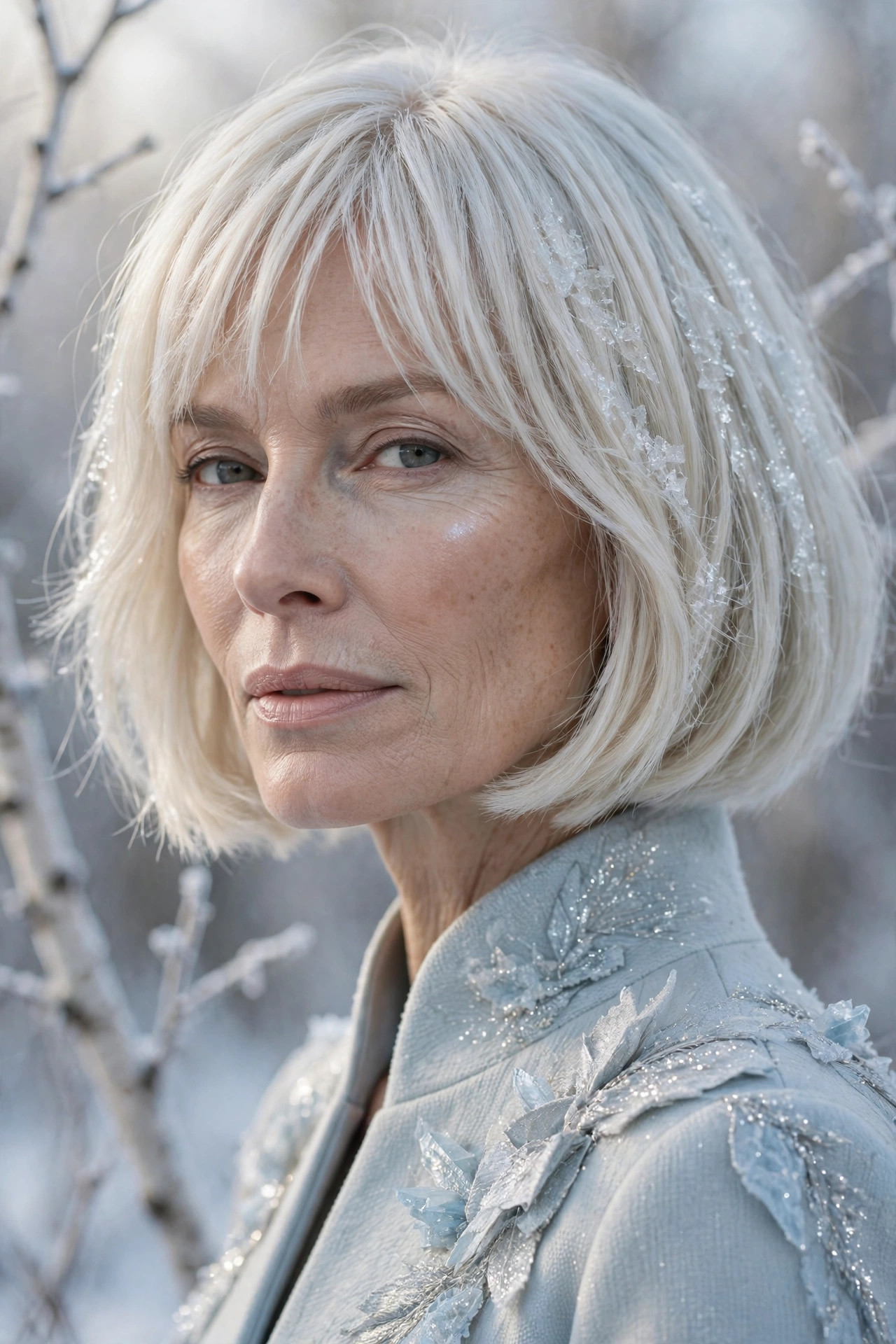 Woman in her 50s with a icy Blonde Bob with Frosted Bangs