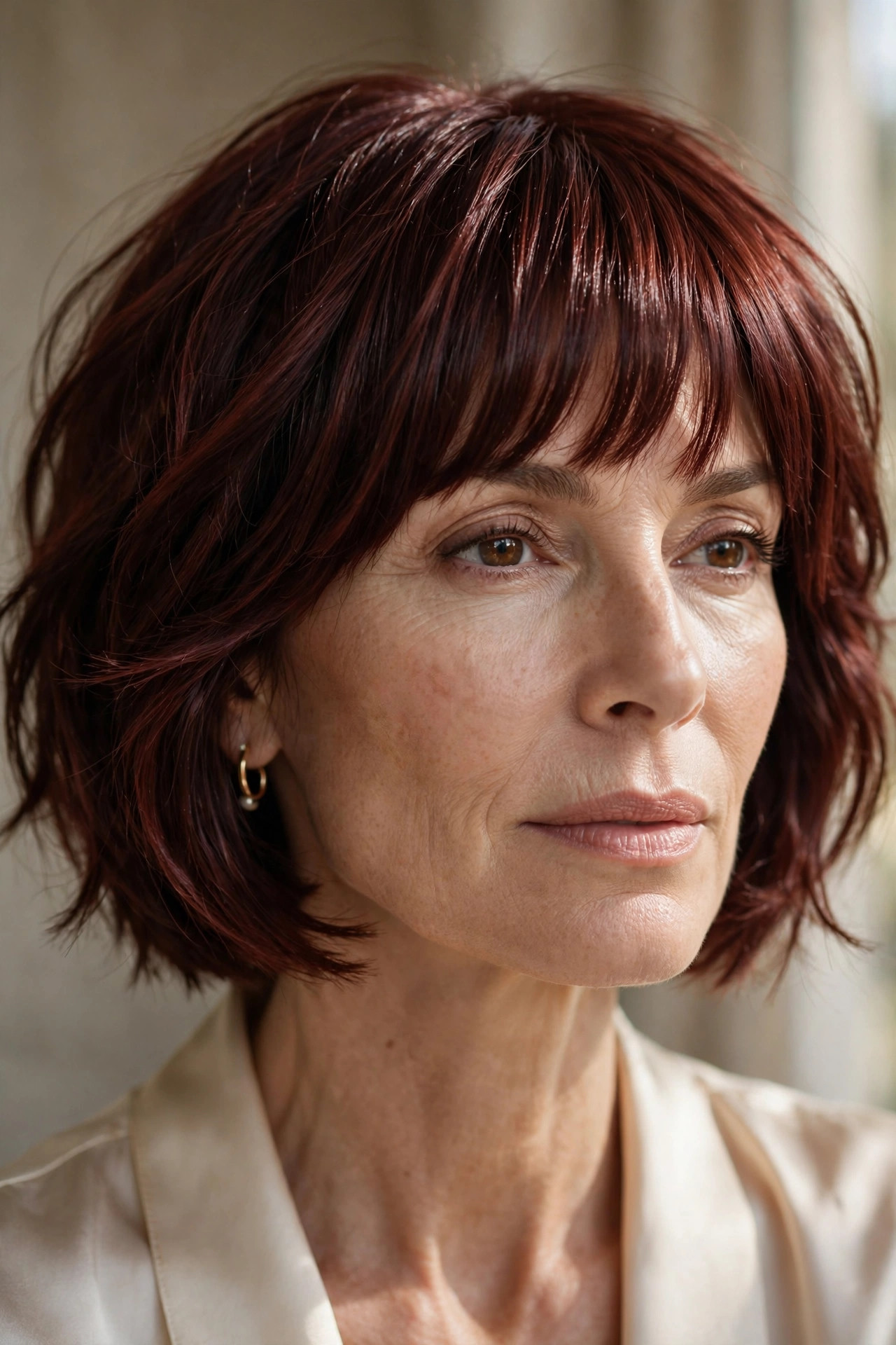 Woman in her 50s with a mahogany Shine Bob with Polished Bangs