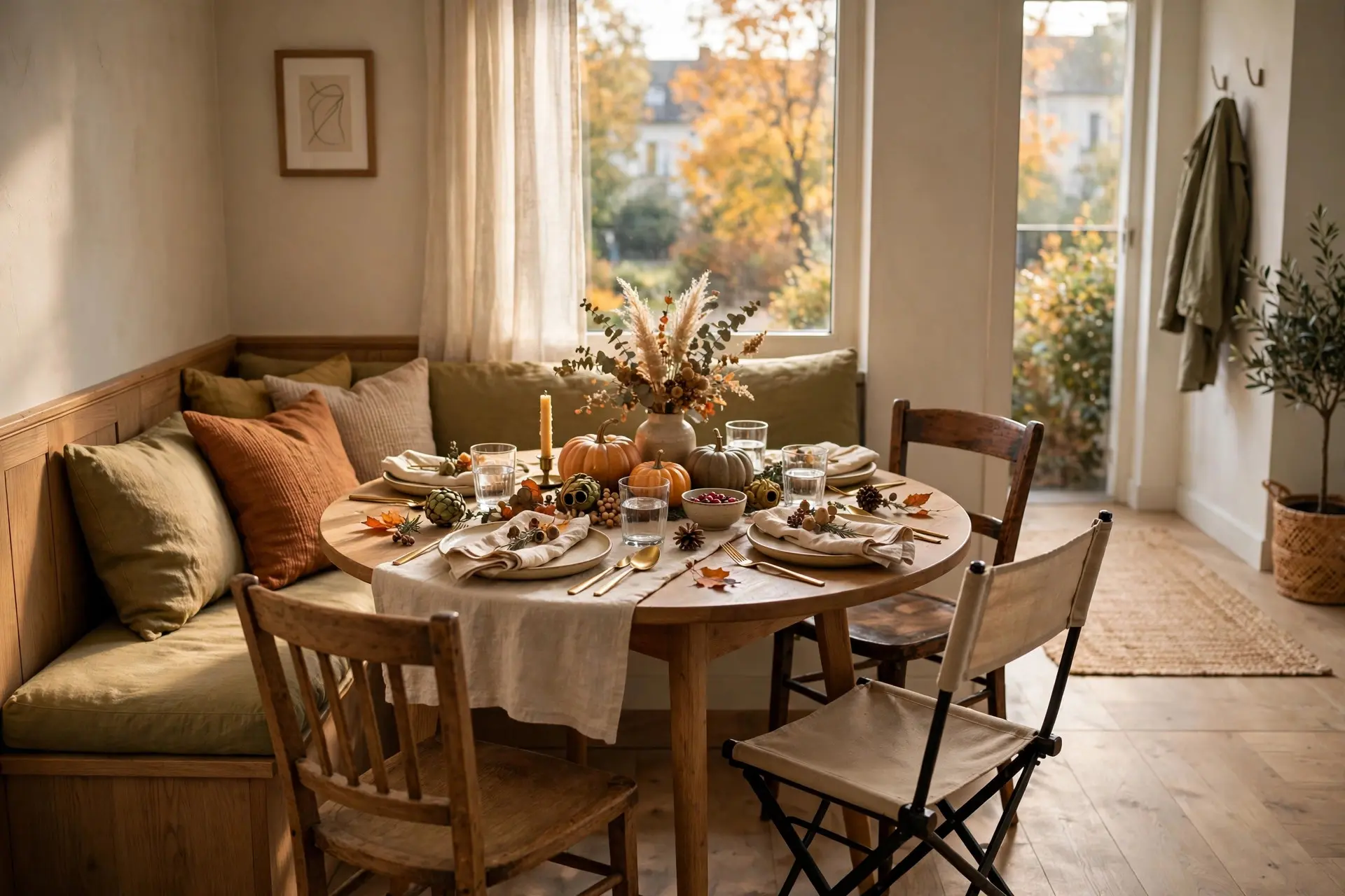 Small round Thanksgiving table with a cushioned bench banquette, wooden chairs and a folding chair in a bright apartment corner