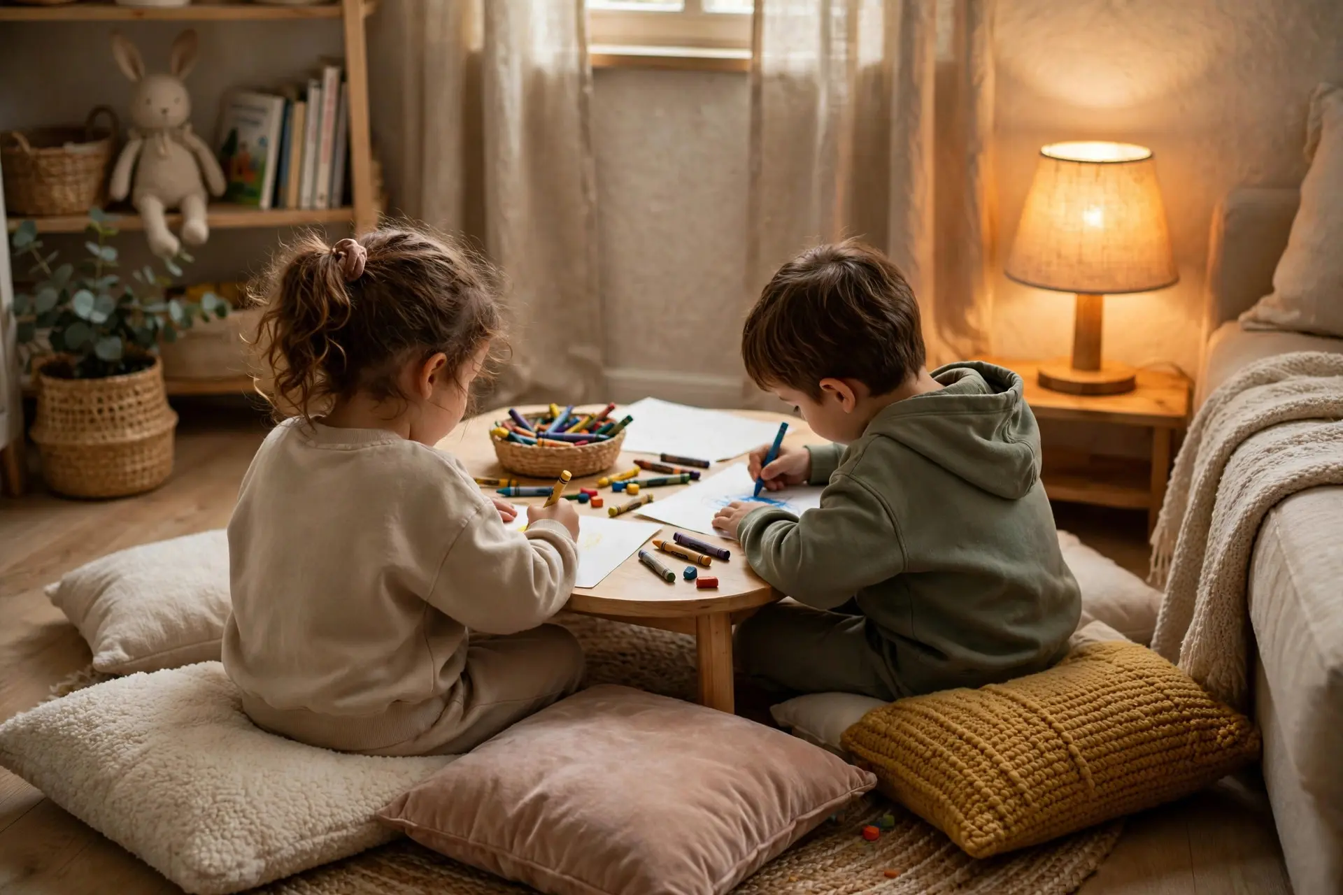 Two children drawing with crayons at a low table on floor cushions in a cozy corner with a warm lamp