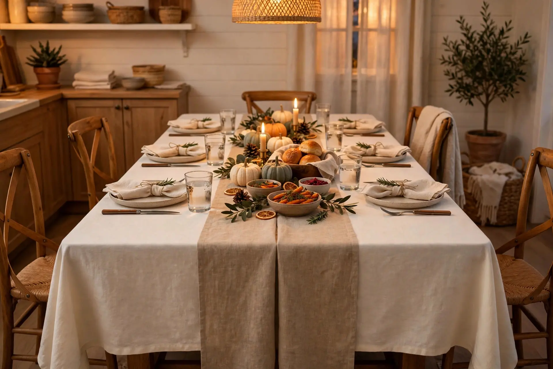 Two smaller tables joined under one long cream tablecloth with a runner, set for Thanksgiving dinner