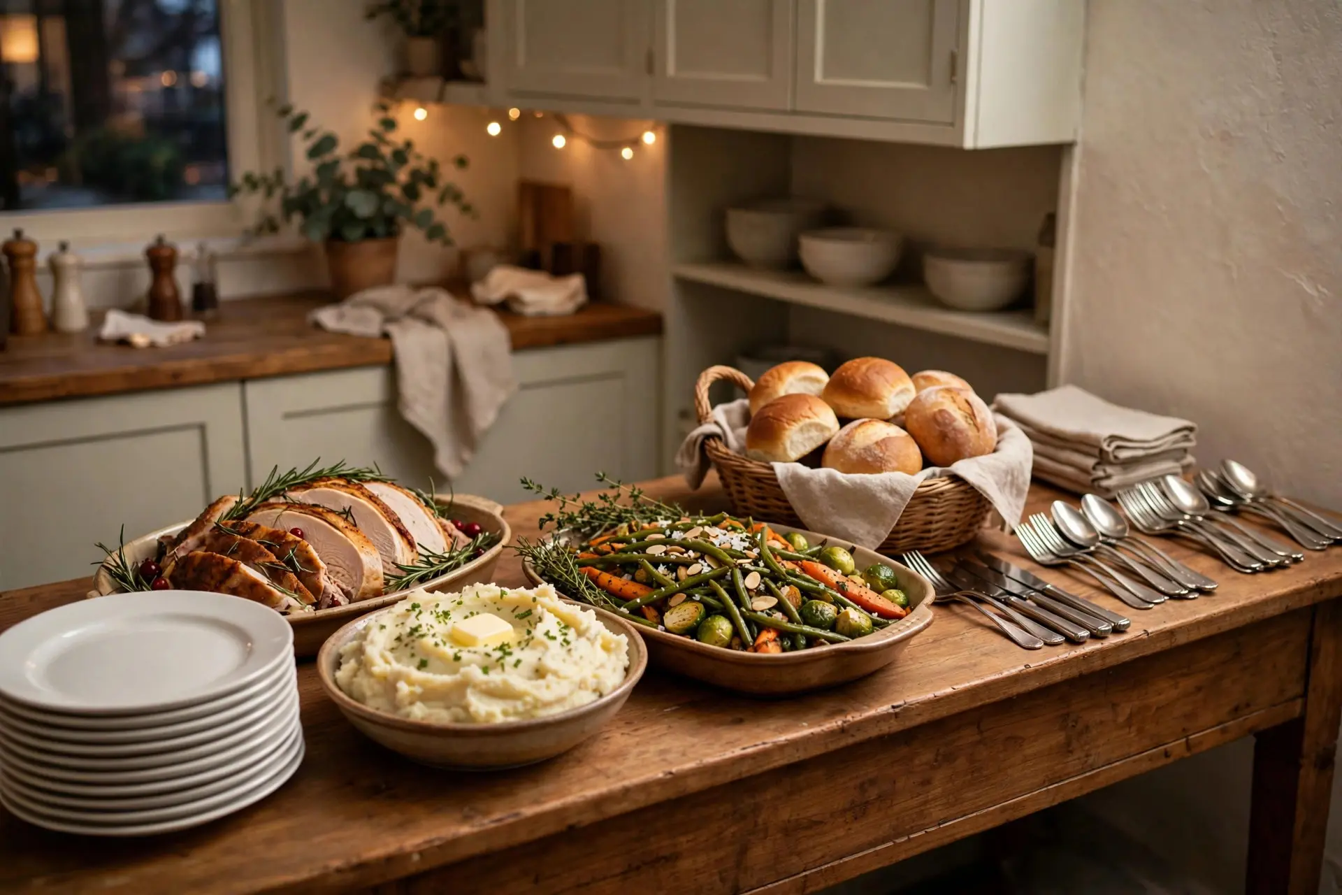 Thanksgiving buffet line on a wooden sideboard with stacked plates, sliced turkey, mashed potatoes, vegetables, rolls and cutlery