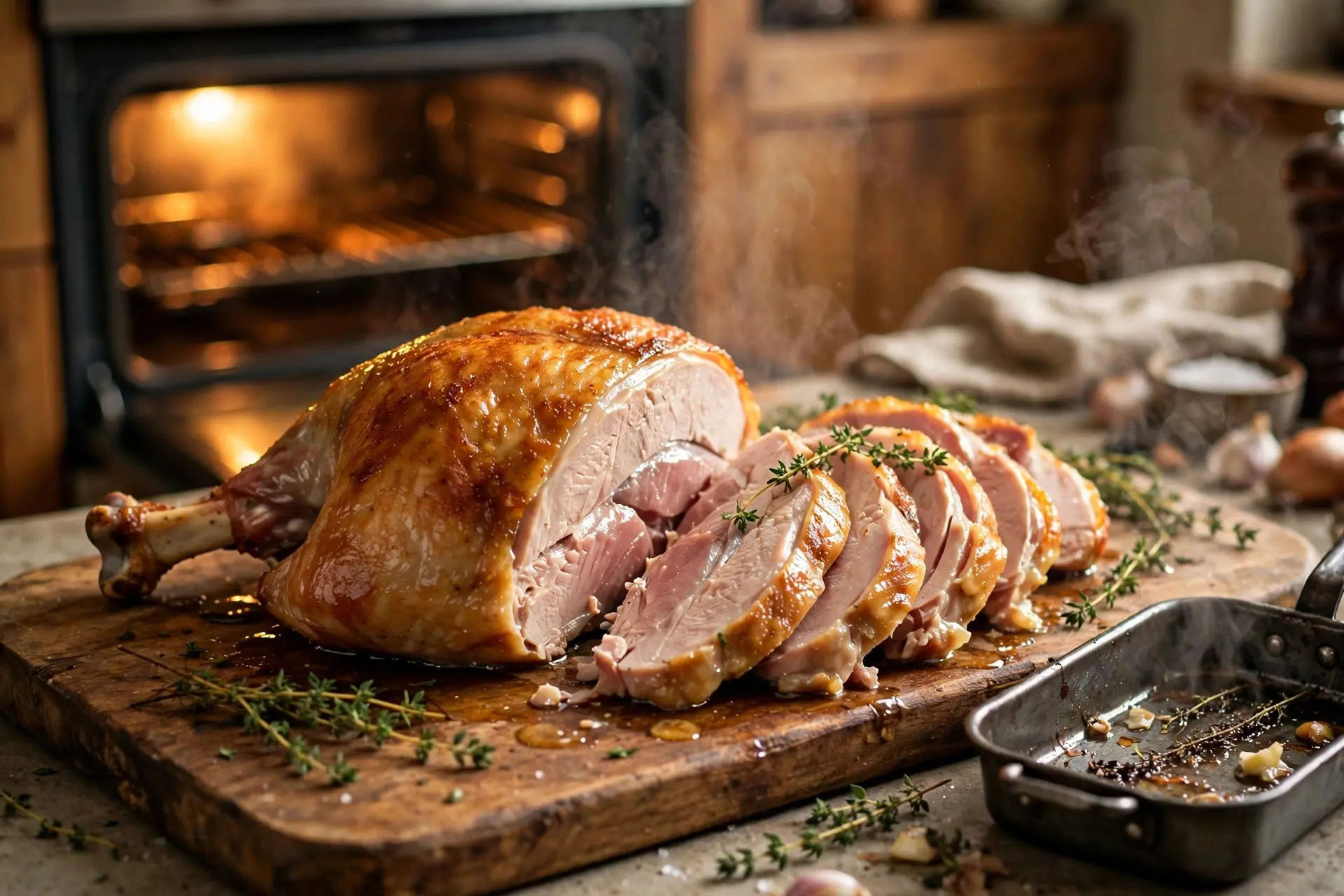 Golden roasted turkey sliced on a wooden carving board in a small kitchen with fresh thyme and a roasting pan