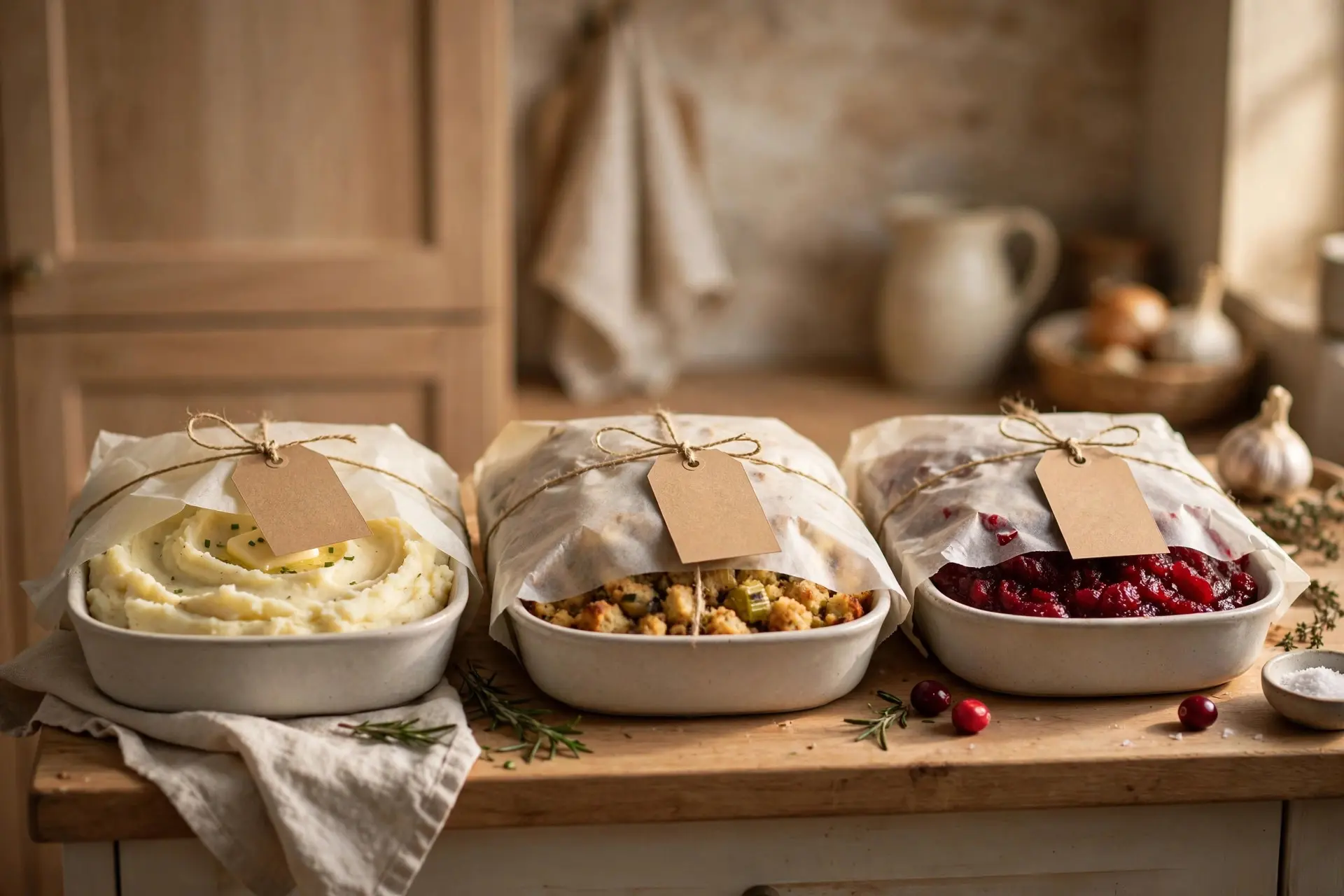 Make-ahead Thanksgiving sides in covered dishes with blank tags: mashed potatoes, stuffing and cranberry sauce