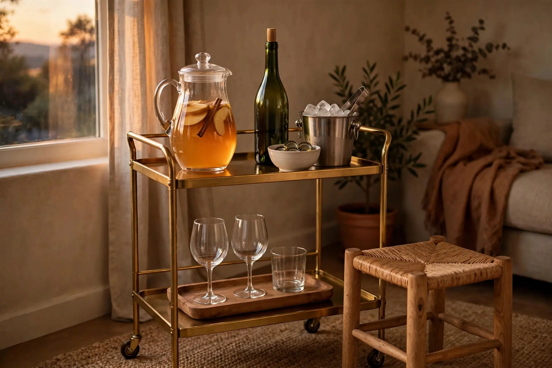 Drink station on a brass bar cart with a pitcher of cider, a wine bottle, an ice bucket, glasses and a stool beside it
