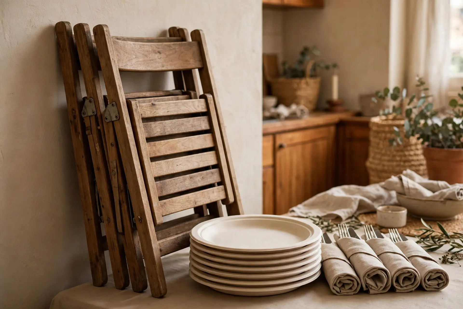 Borrowed wooden folding chairs stacked beside compostable plates and silverware rolled in cloth napkins