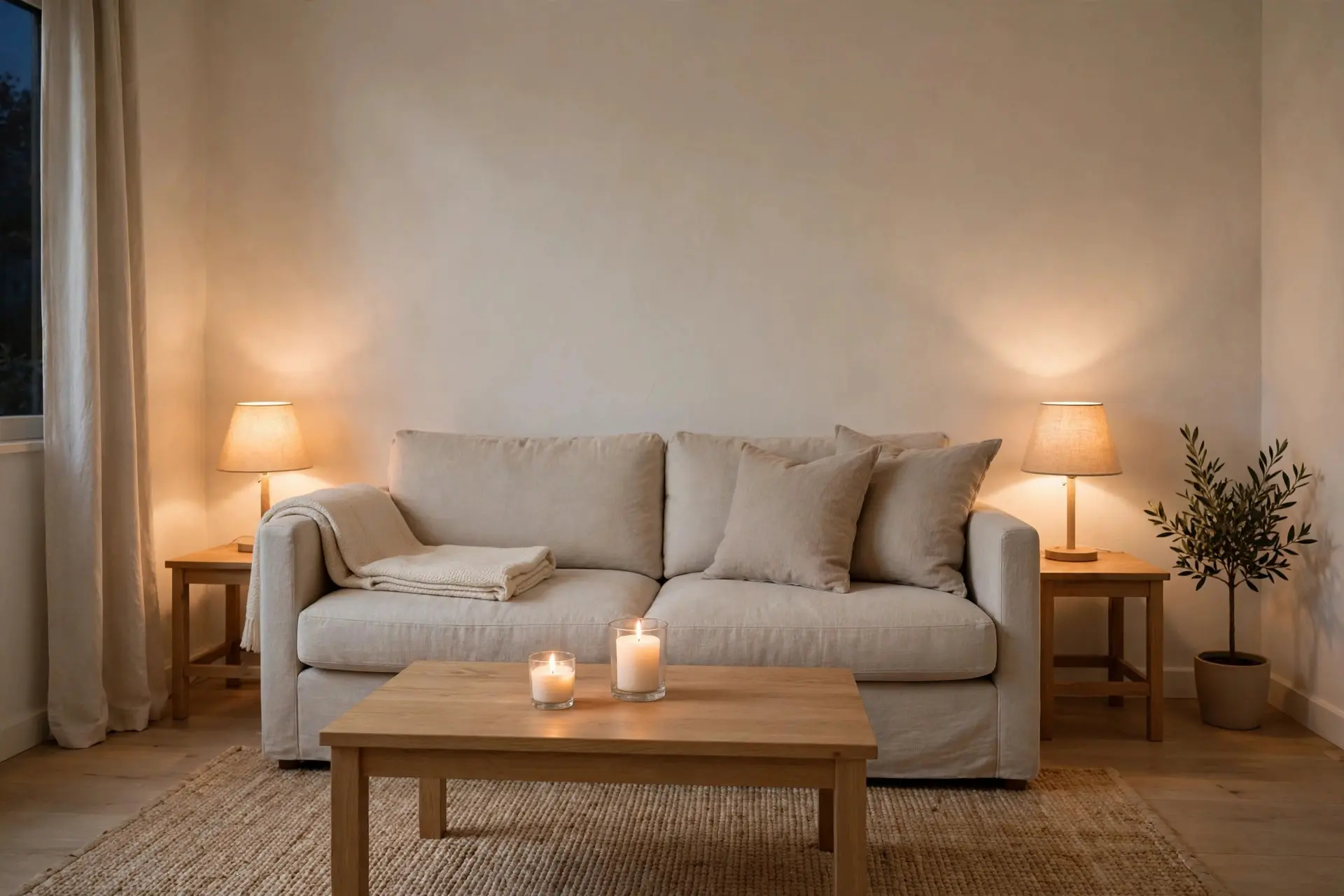 Calm decluttered living room with clear surfaces, a sofa, two lamps and candles on the coffee table