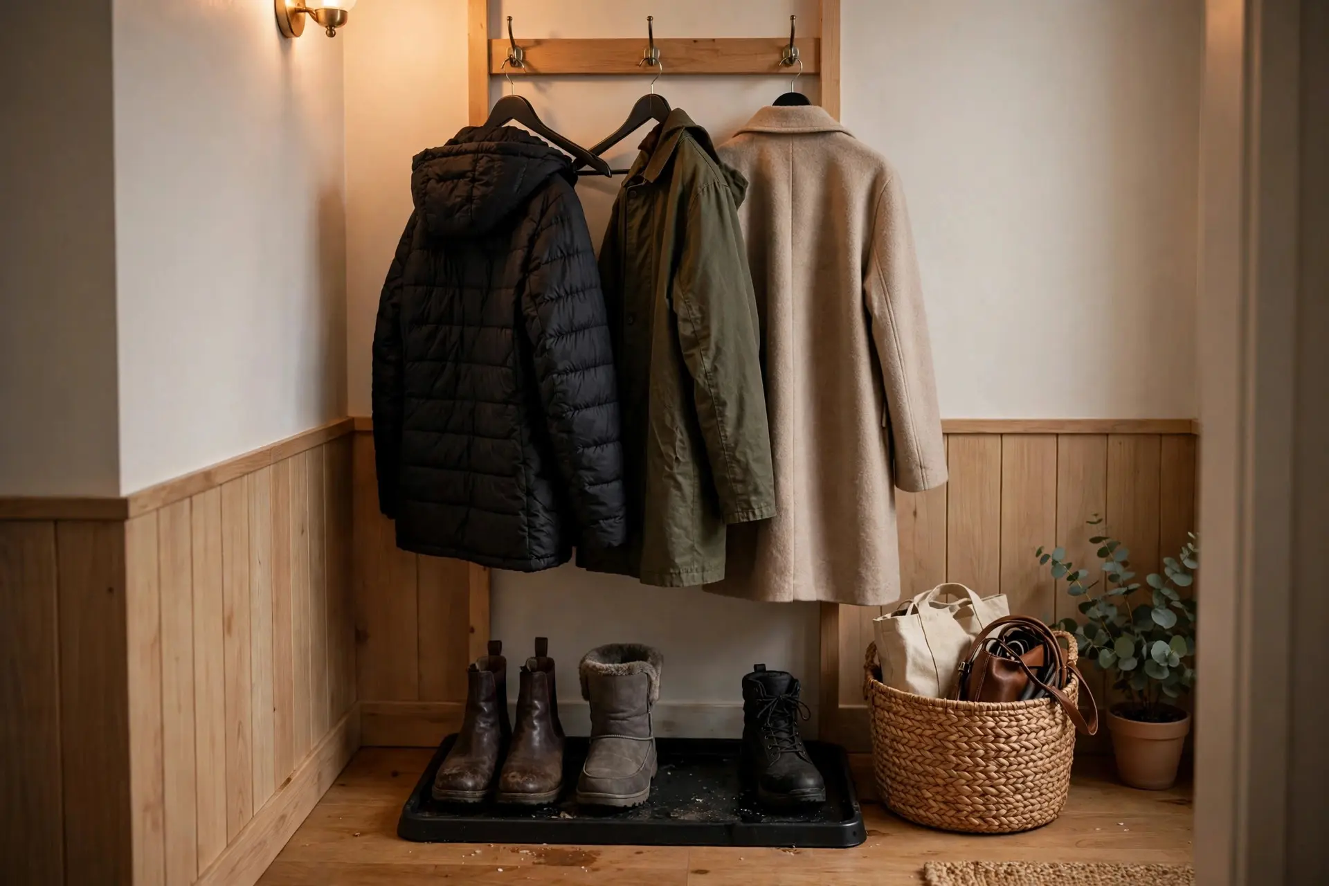 Entryway landing zone with coats on hooks, boots on a tray and a basket of bags