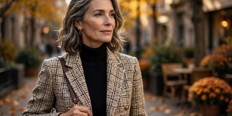 Woman over 50 wearing a chic tweed jacket fall outfit