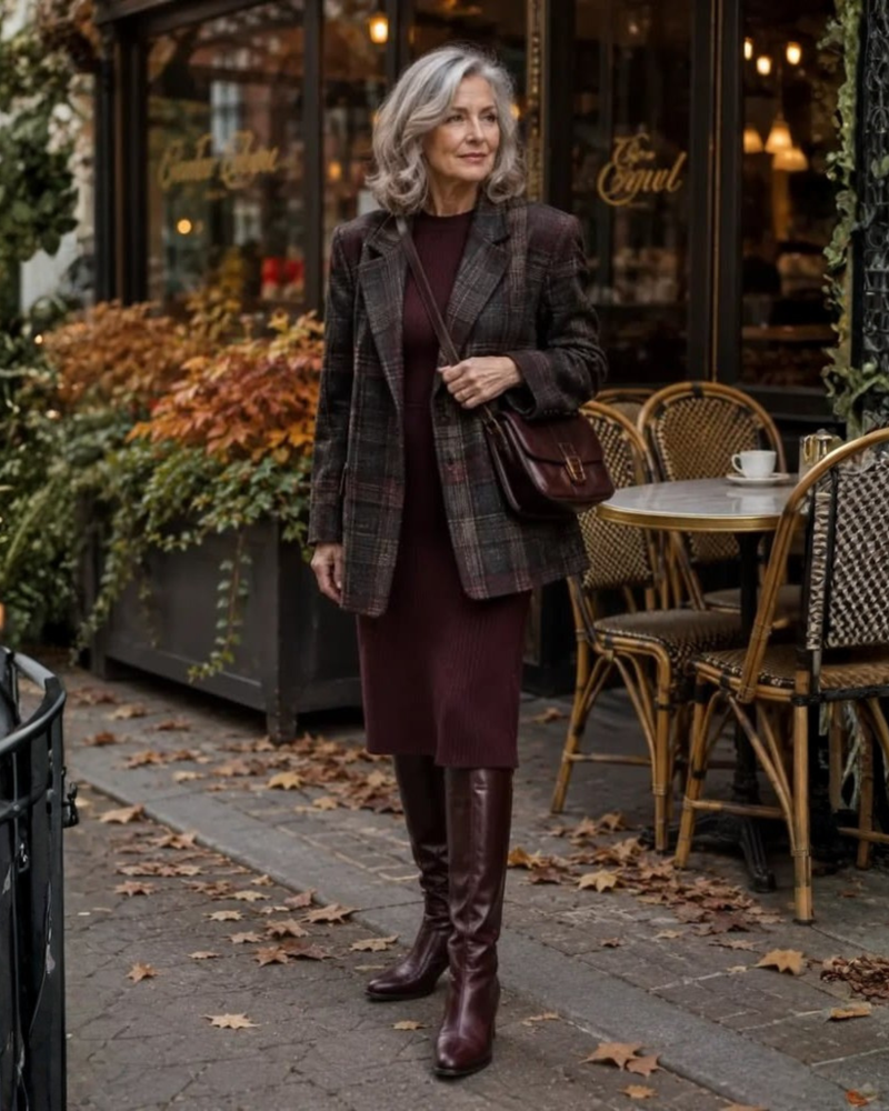 Tweed jacket with satin slip skirt and heeled boots, woman over 50