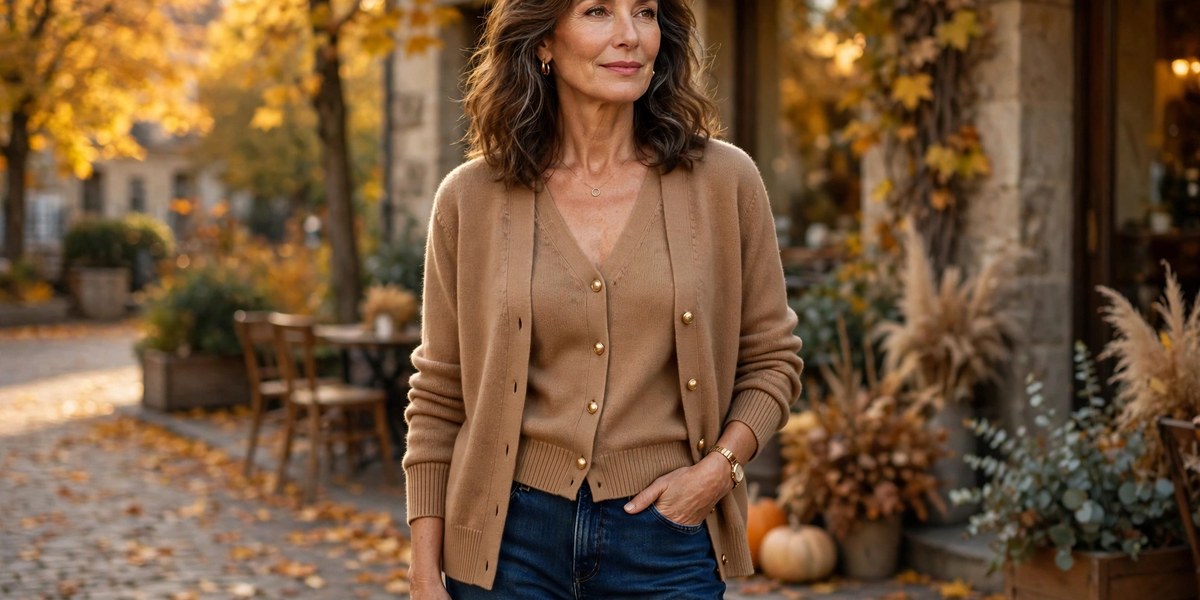 Modern twinset outfit for women over 50 — camel cardigan twinset styled with jeans for fall