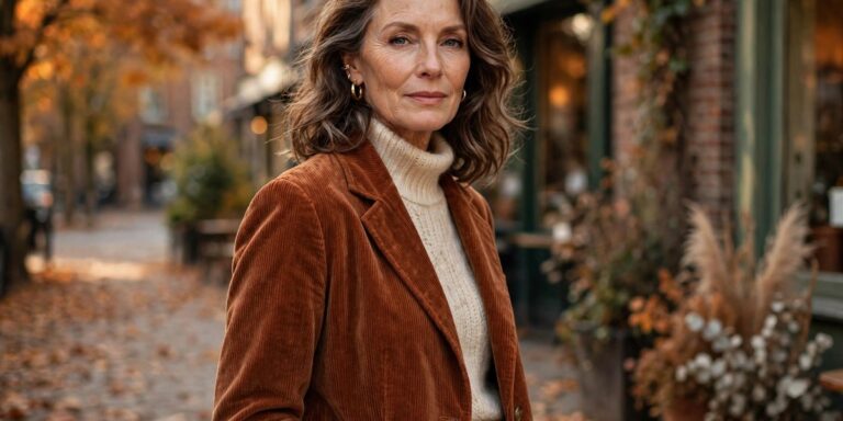 Woman over 50 wearing an olive utility jacket fall outfit