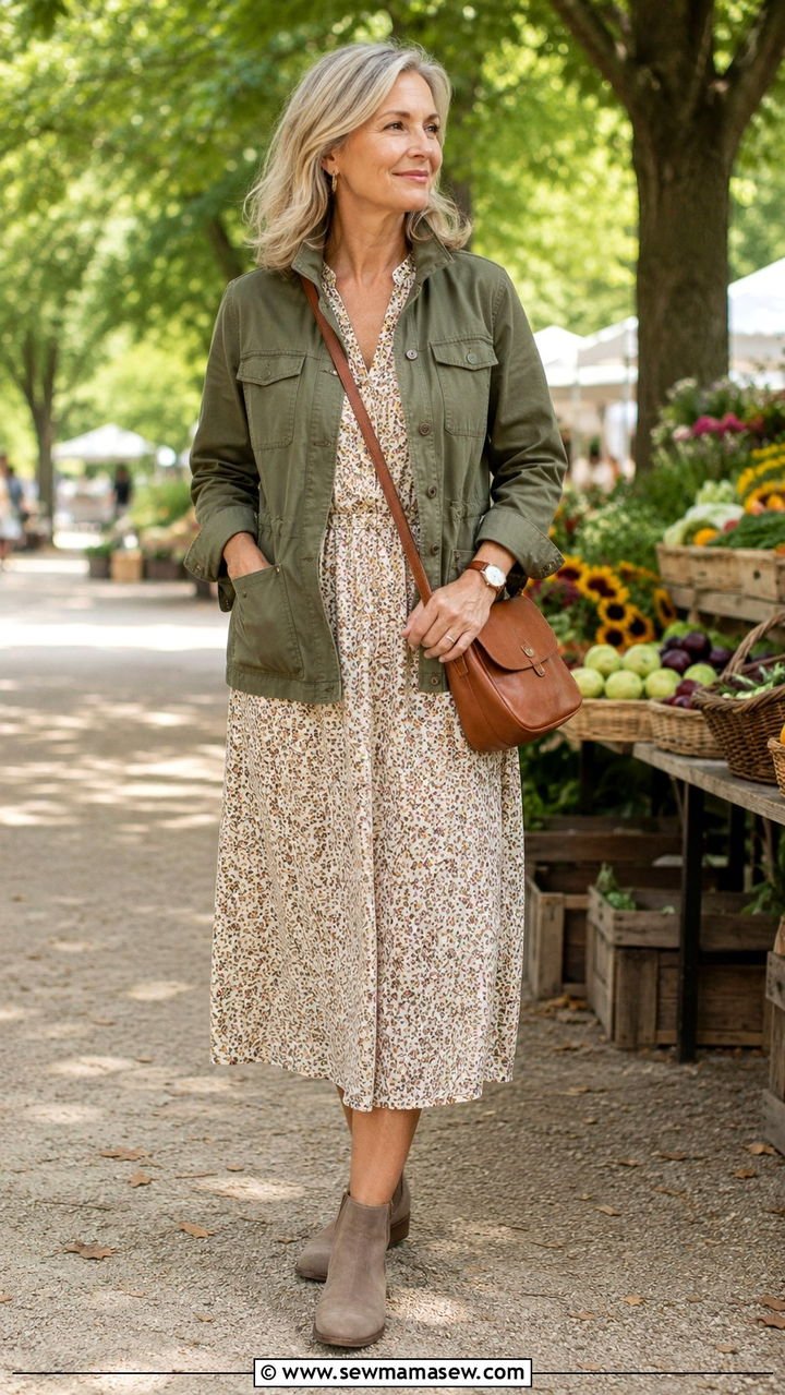 Olive utility jacket over floral midi dress with ankle boots, woman over 50