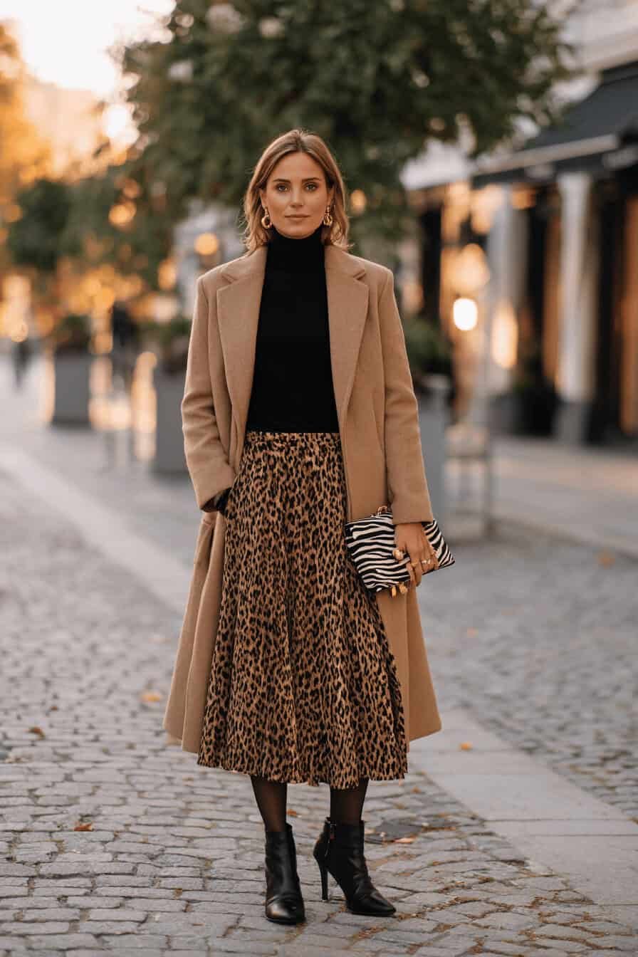 Camel utility jacket with black turtleneck and leopard skirt, woman over 50