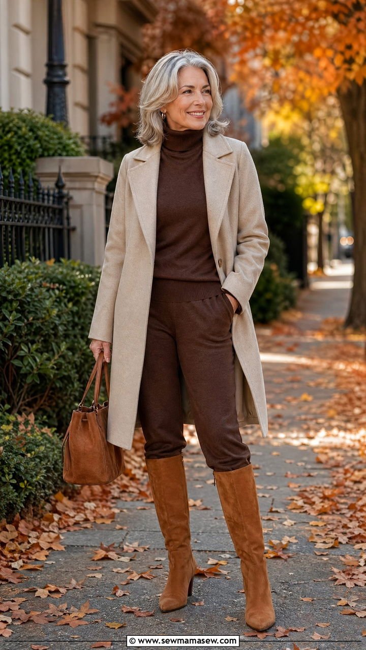 Utility jacket over knit dress with tall boots, woman over 50