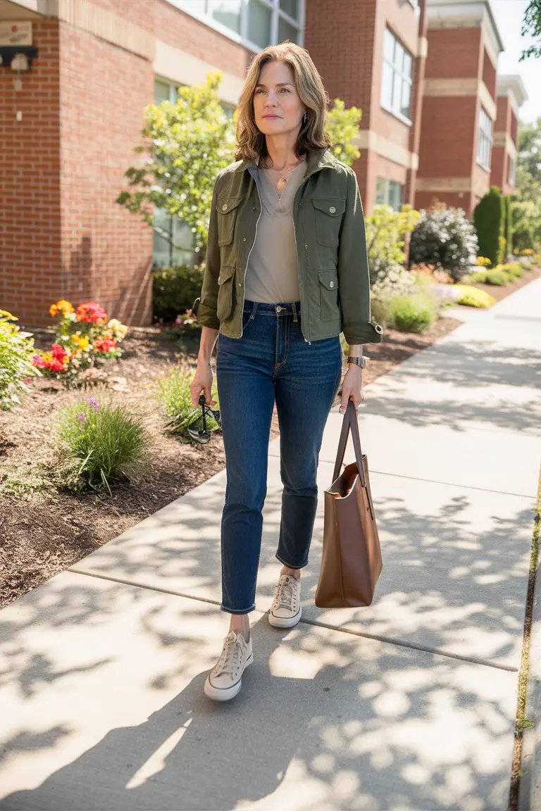 Utility jacket with denim skirt and sneakers, woman over 50