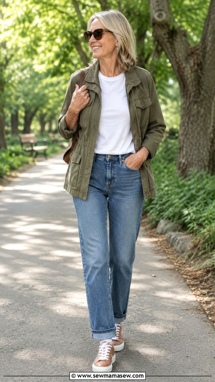 Lightweight utility jacket with fitted tee and straight jeans, woman over 50