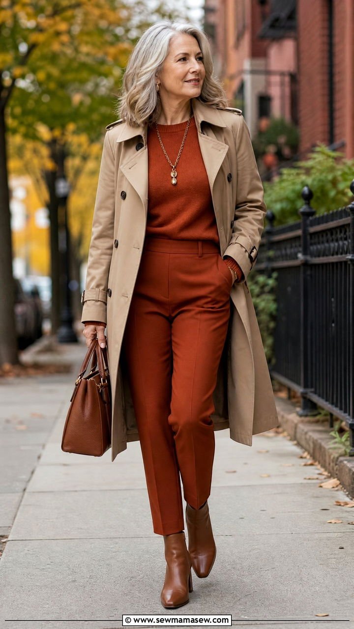 Utility jacket cinched at waist with wide leg trousers, woman over 50