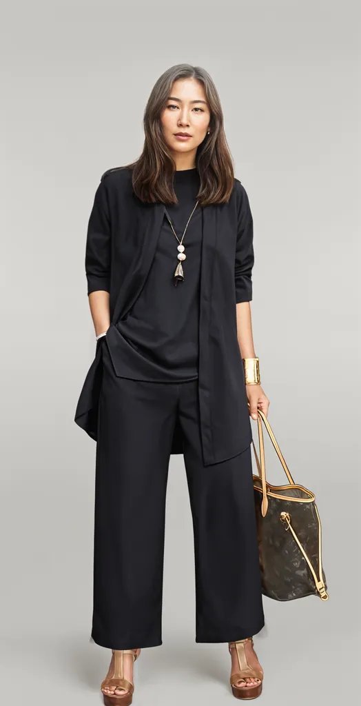 Black utility jacket with silk blouse and tailored trousers, woman over 50