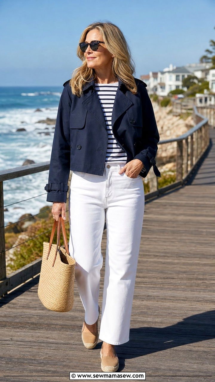Navy utility jacket with striped tee and white jeans, woman over 50