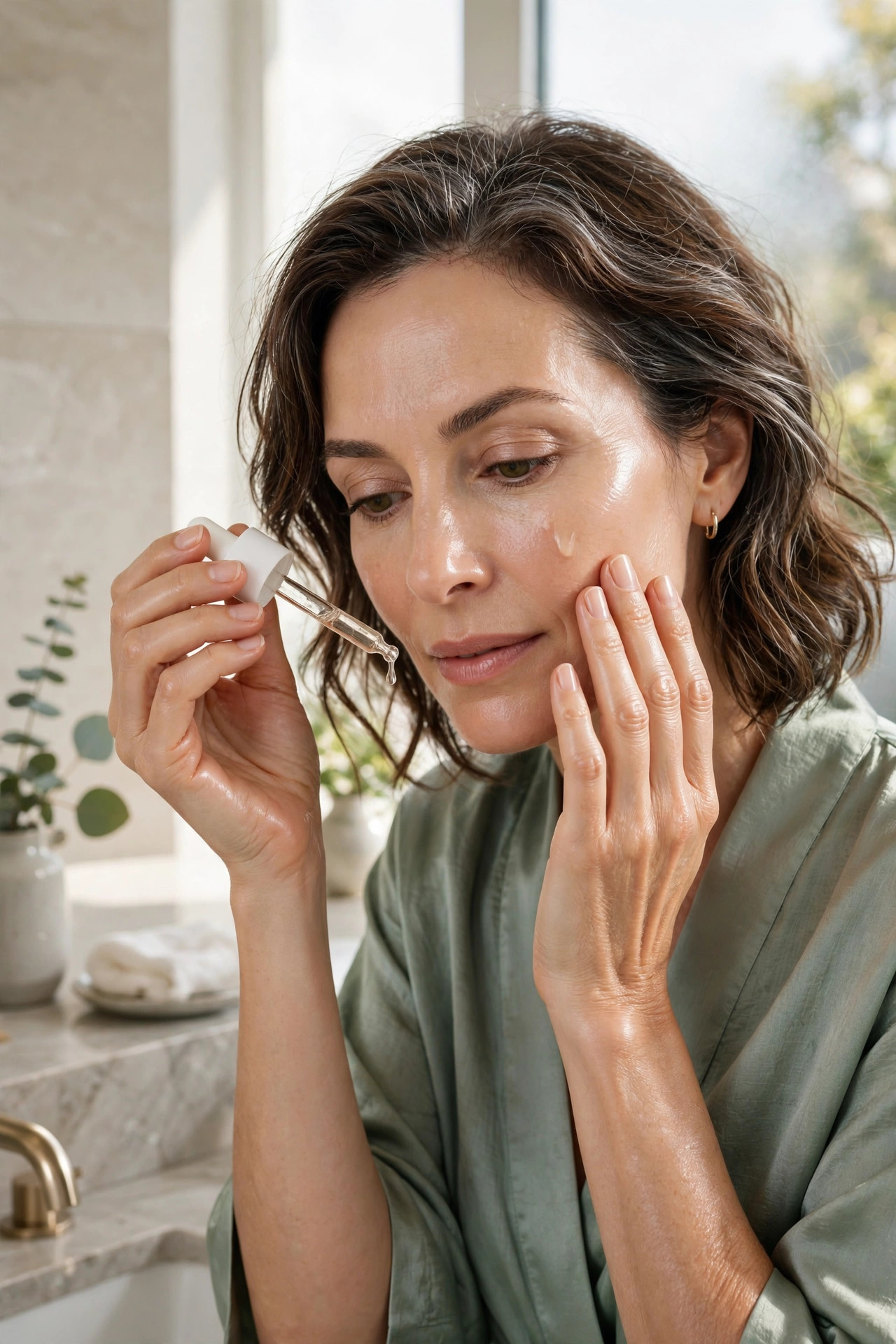 A woman in her 50s applying vitamin C serum in bright morning light