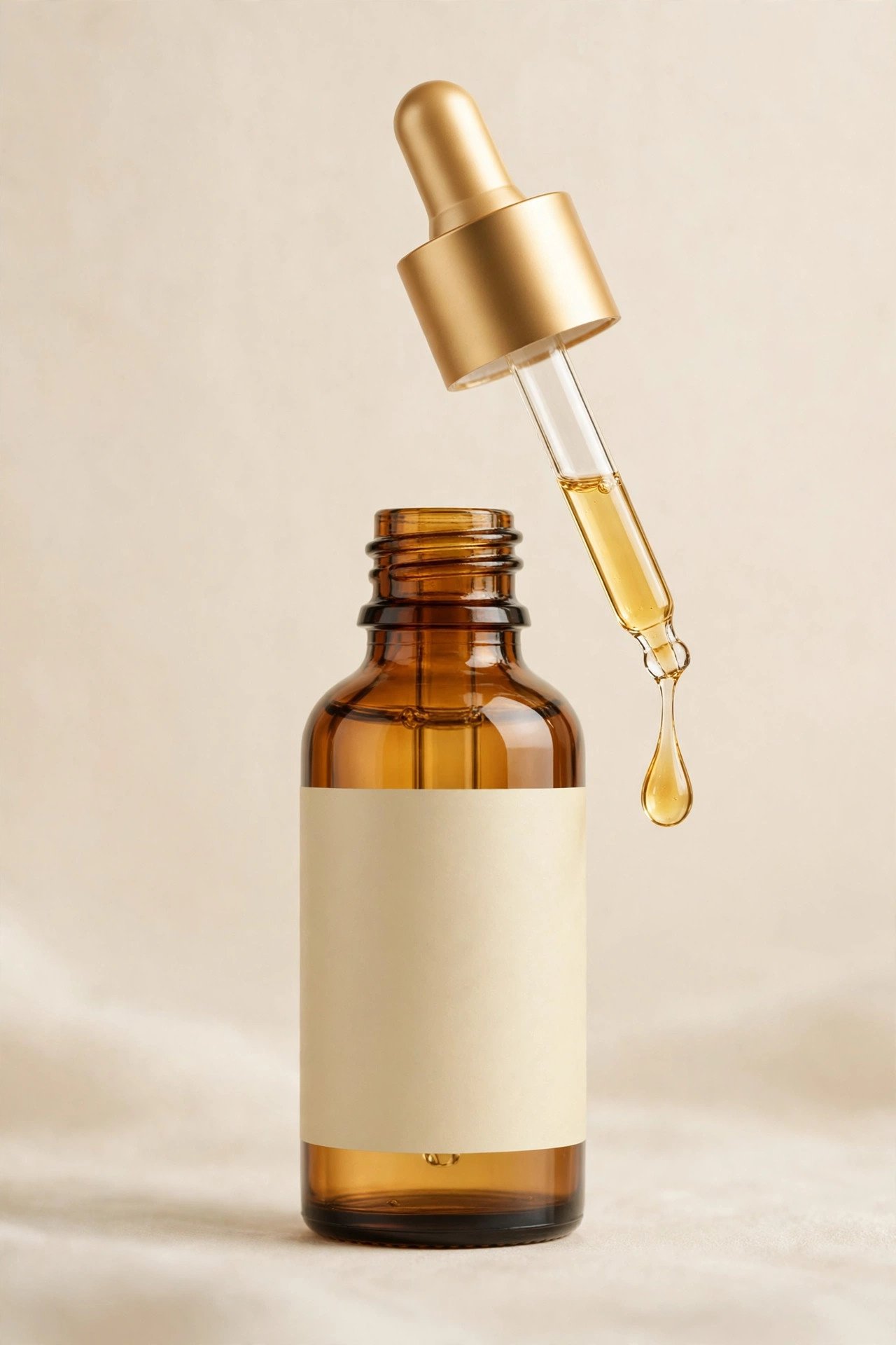 Amber dropper bottle of vitamin C serum with a golden drop