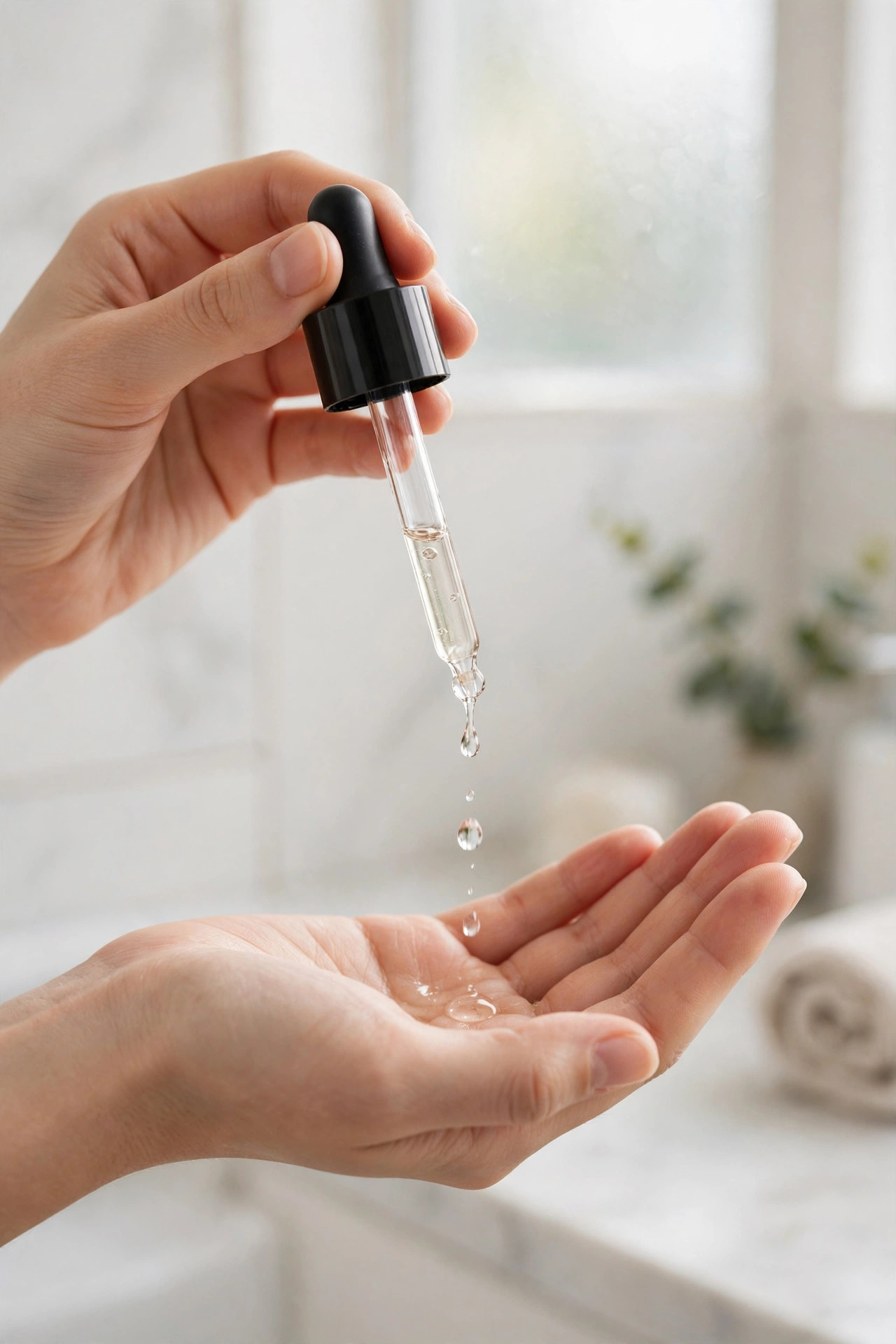 Hand holding a serum dropper with drops over an open palm