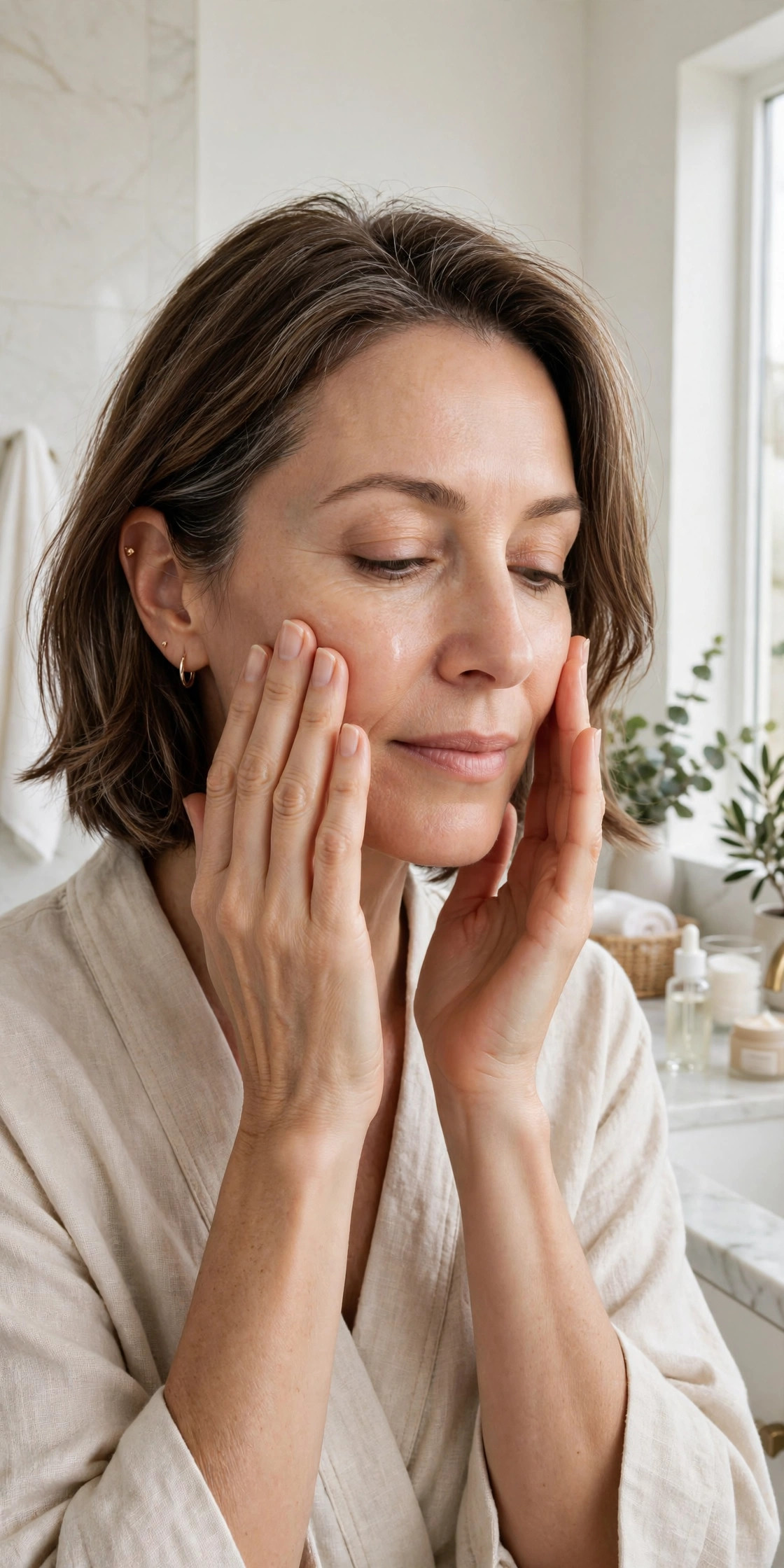A woman in her 50s pressing serum into her cheek with both hands