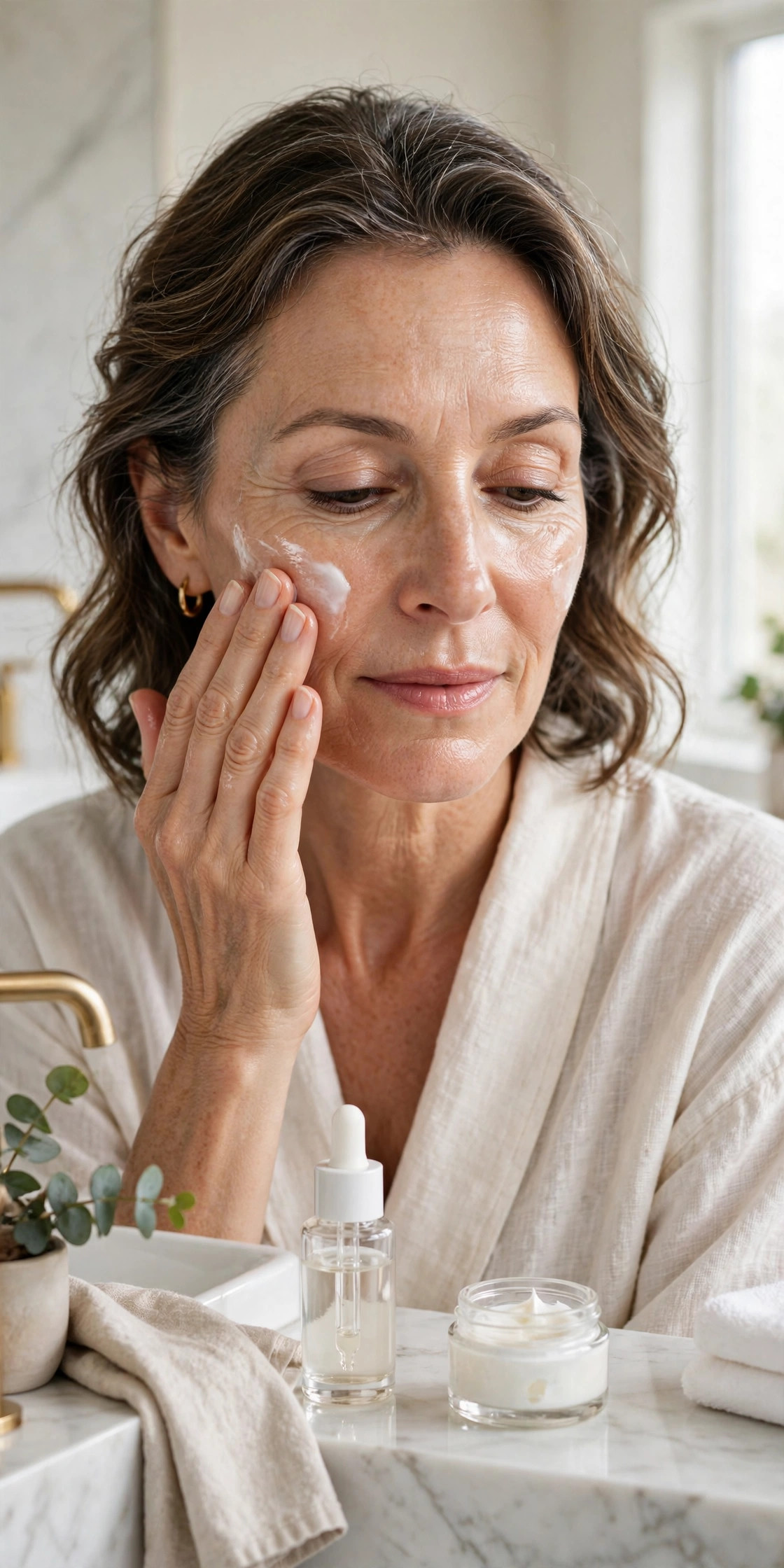 A woman in her 50s smoothing moisturizer over her face after serum