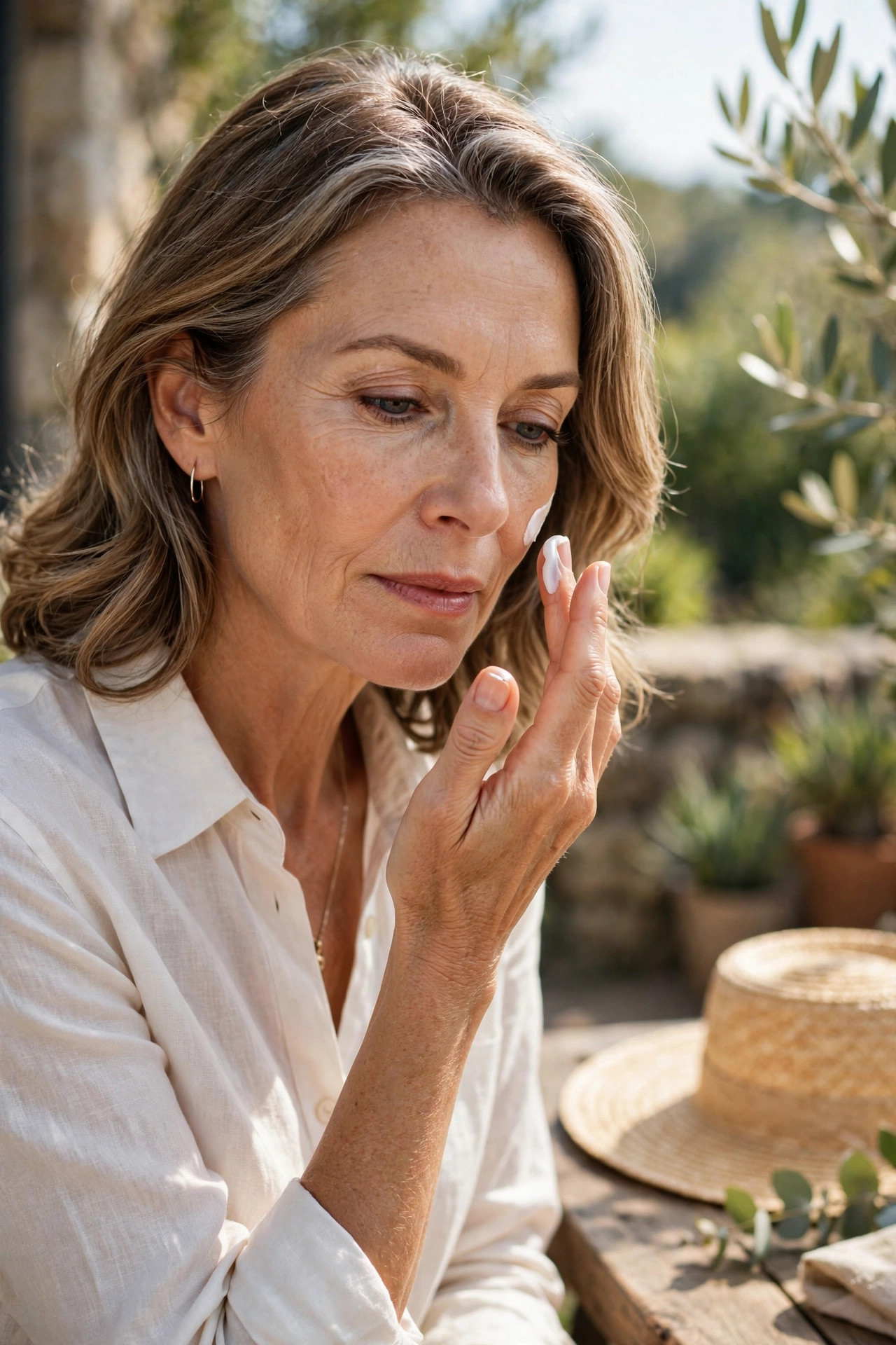 A woman in her 50s applying sunscreen as the final morning step