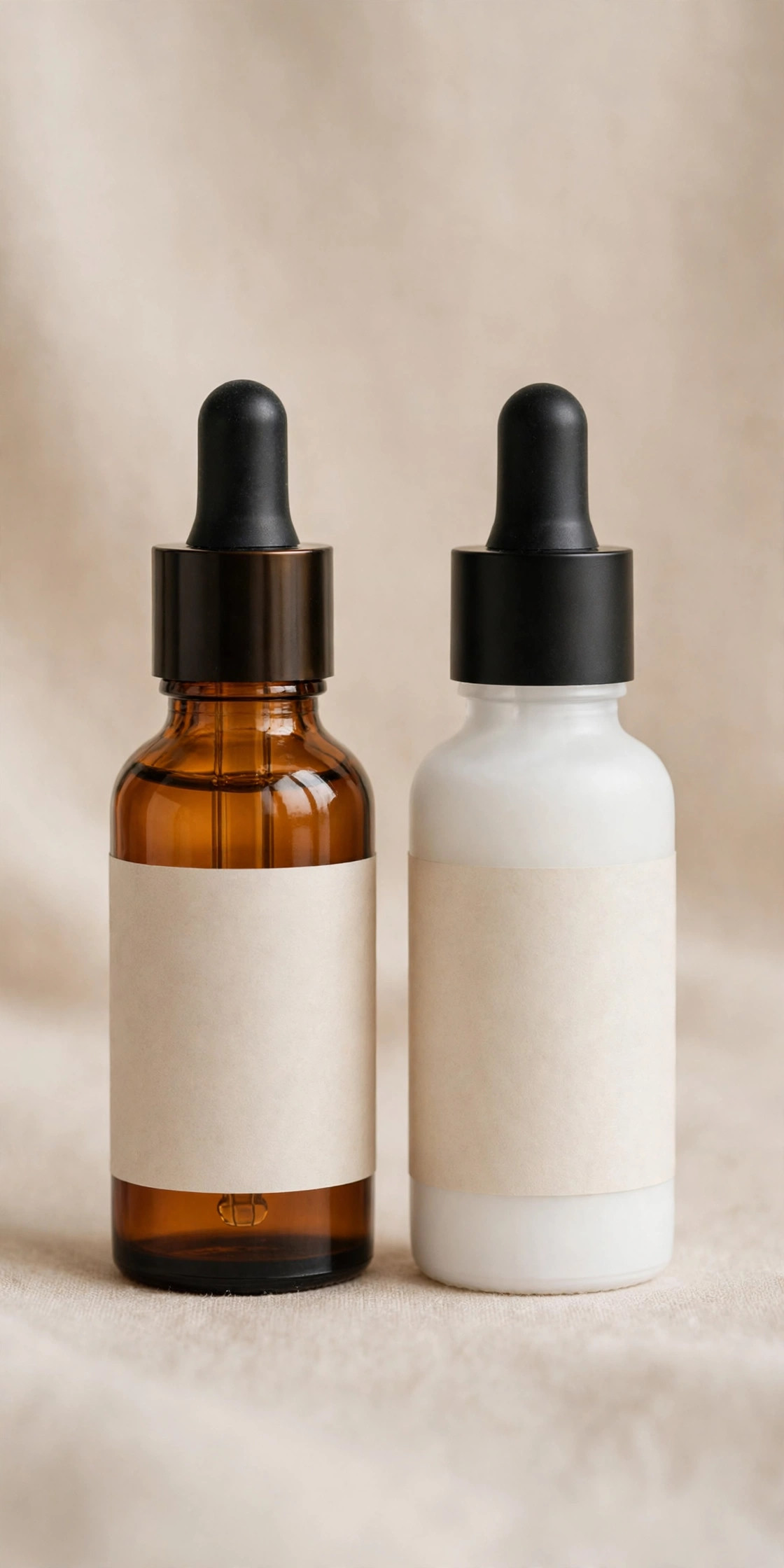 Vitamin C serum bottle beside a niacinamide serum bottle