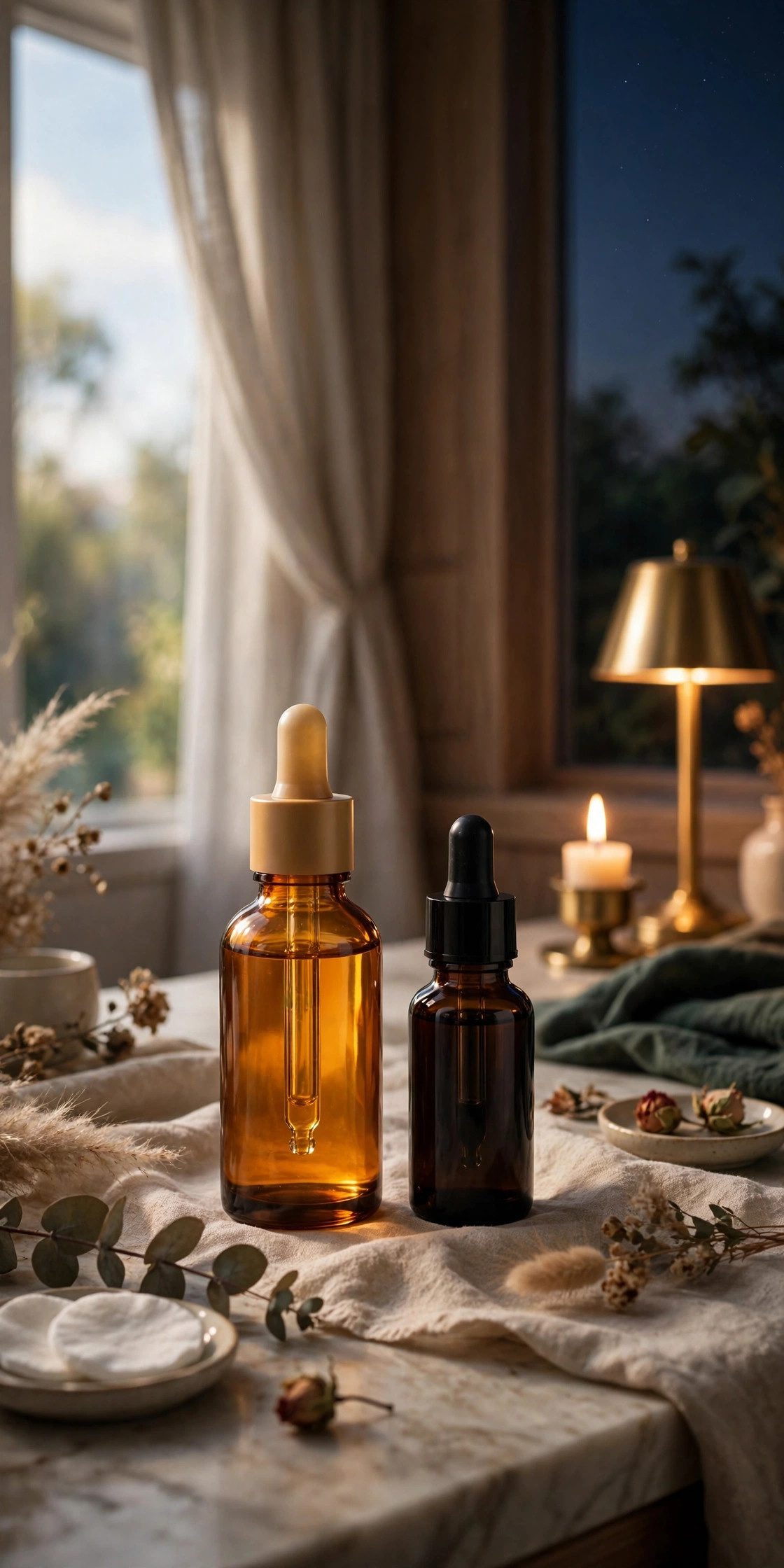 Vitamin C serum bottle beside a dark retinol bottle on a vanity