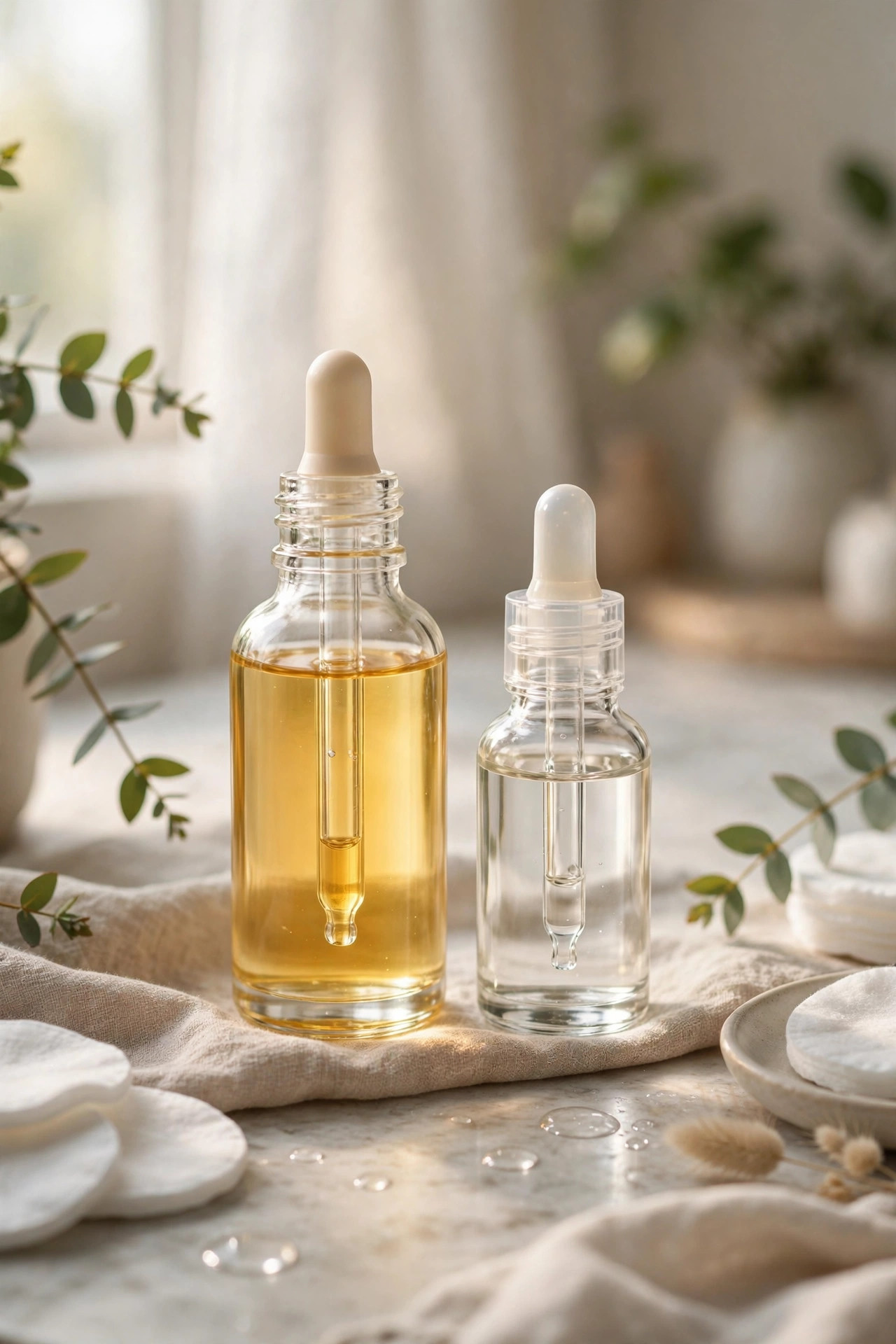 Vitamin C serum bottle beside an exfoliating acid toner bottle