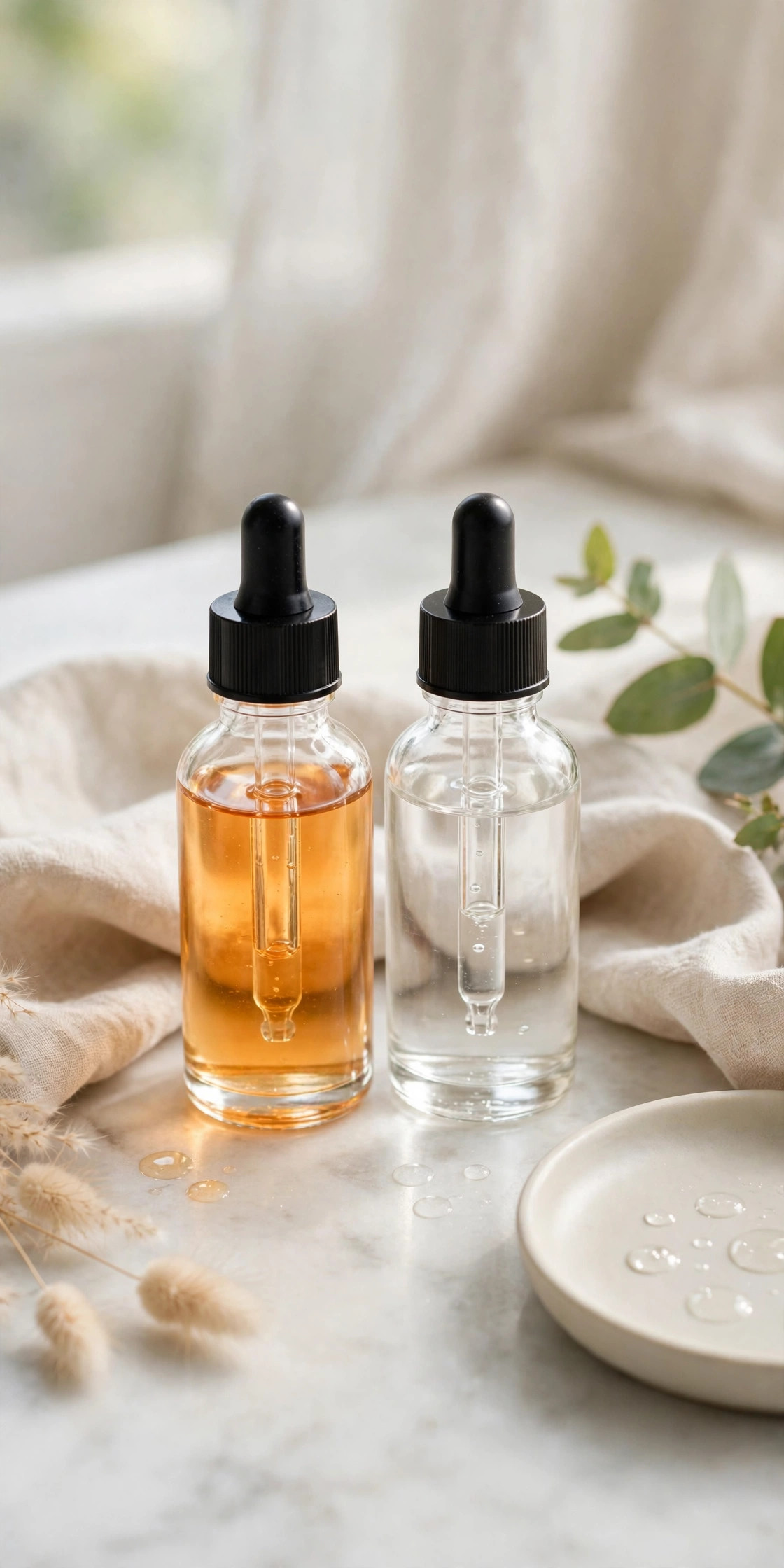 Vitamin C serum bottle beside a peptide serum bottle