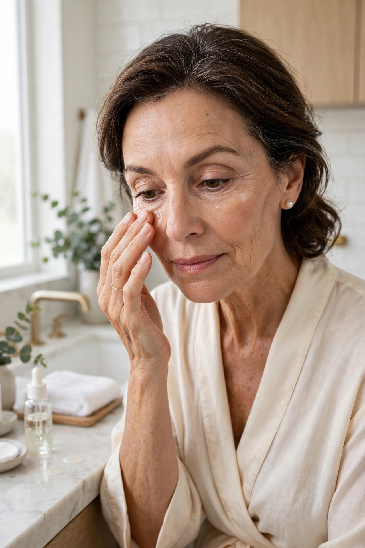 A woman in her 50s applying serum gently around her eye area