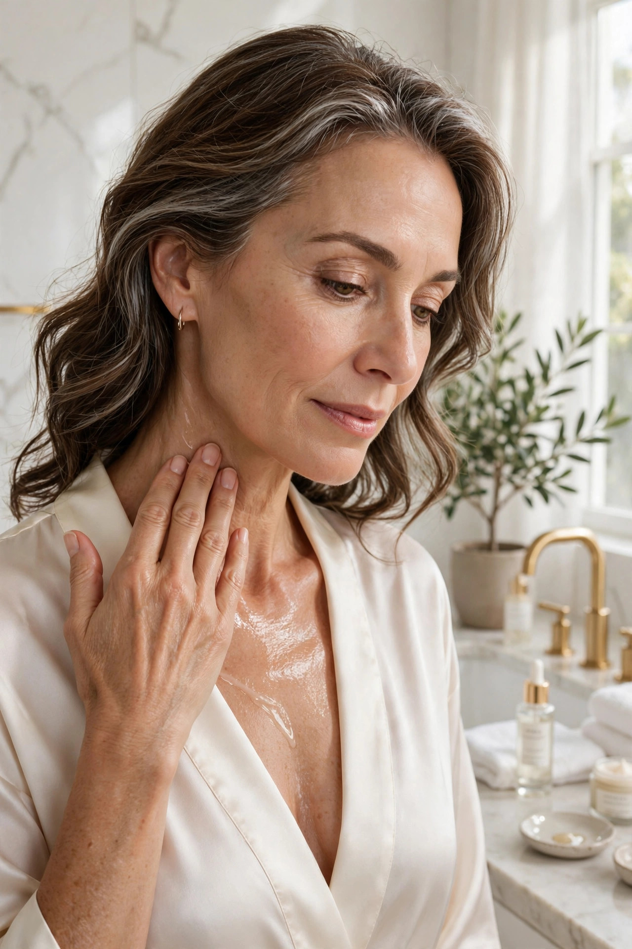 A woman in her 50s smoothing serum down her neck and chest
