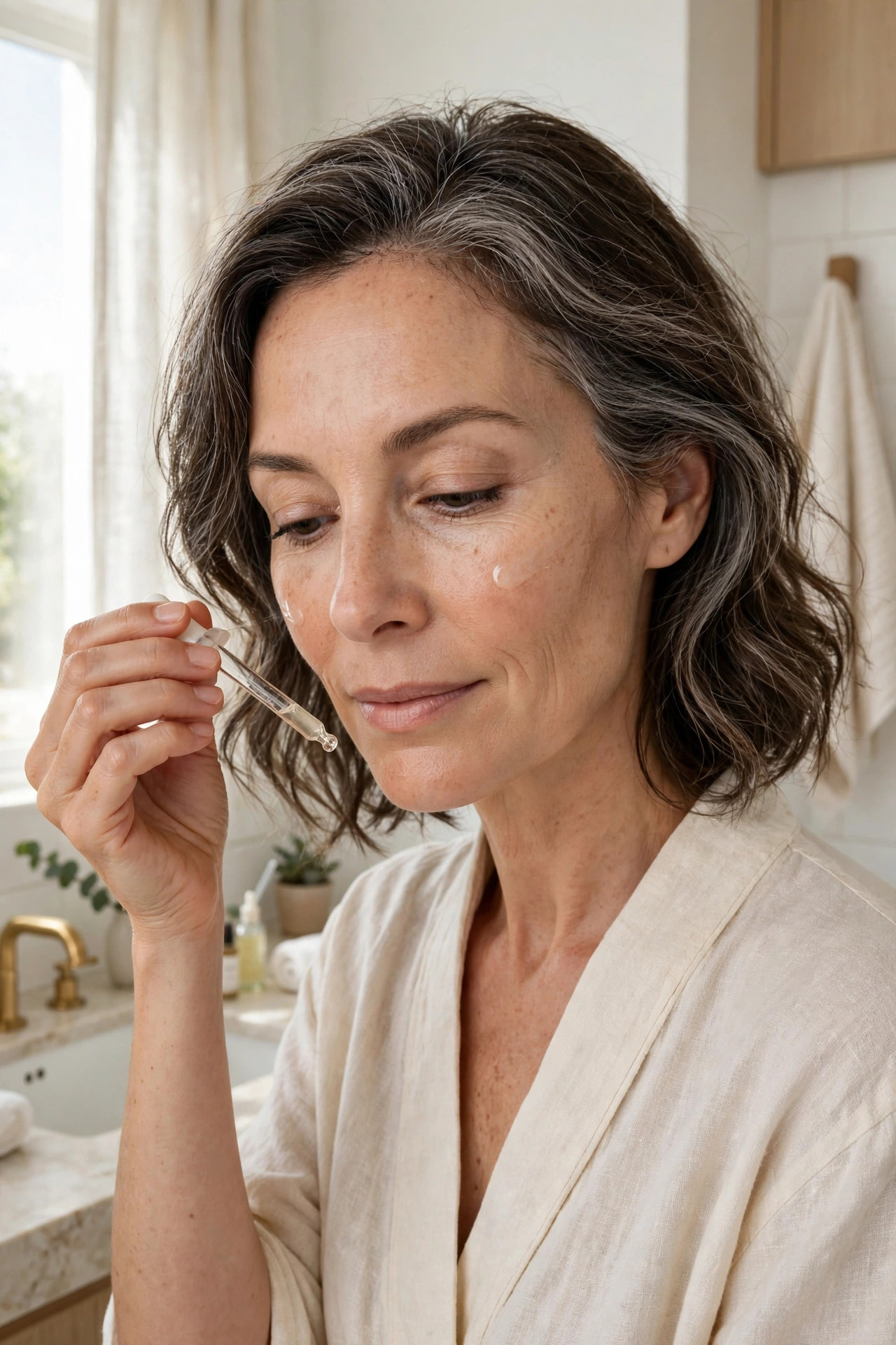A woman in her 50s applying a single layer of serum in the morning