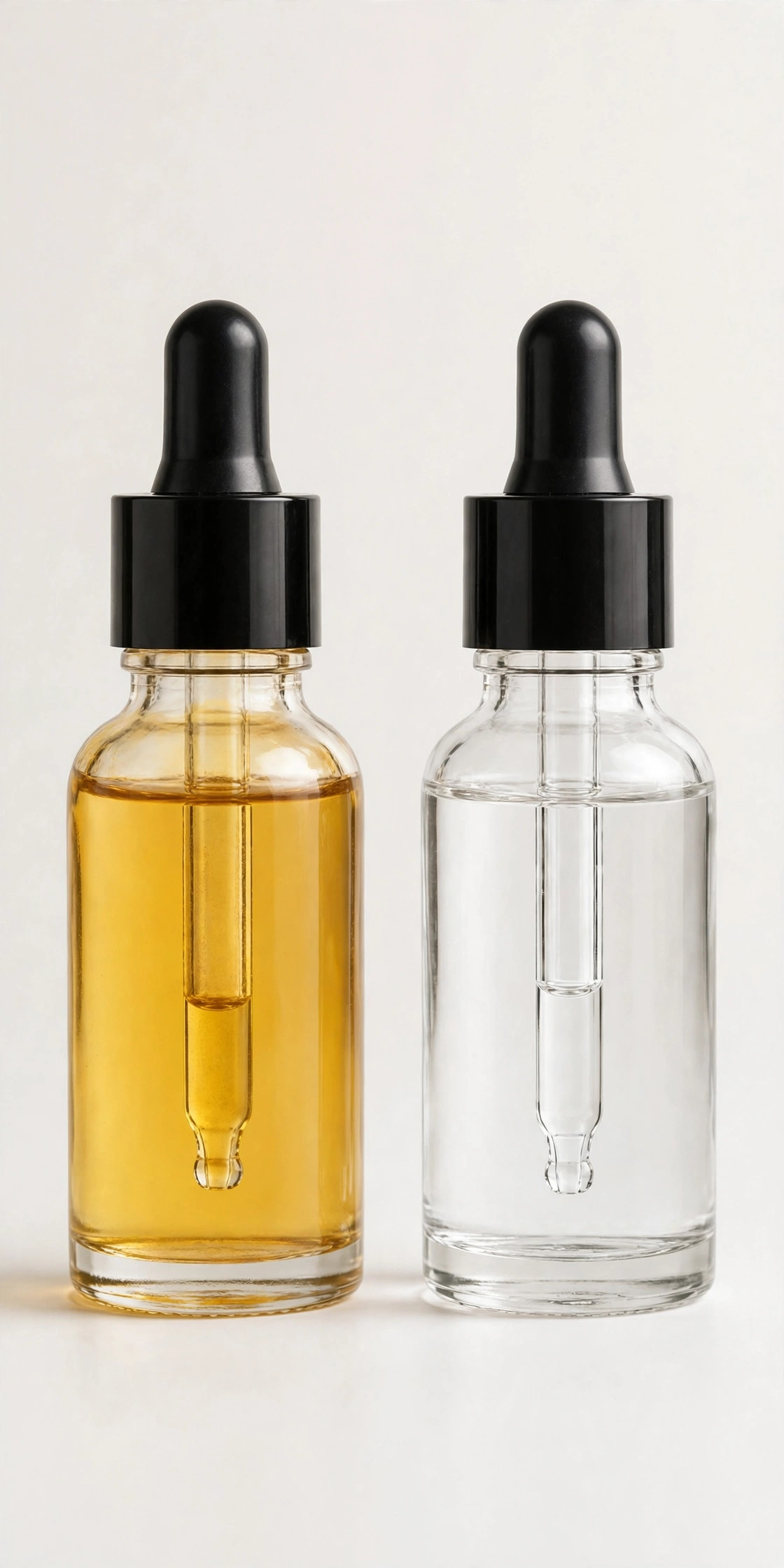 Vitamin C serum showing oxidized golden liquid beside a fresh clear one