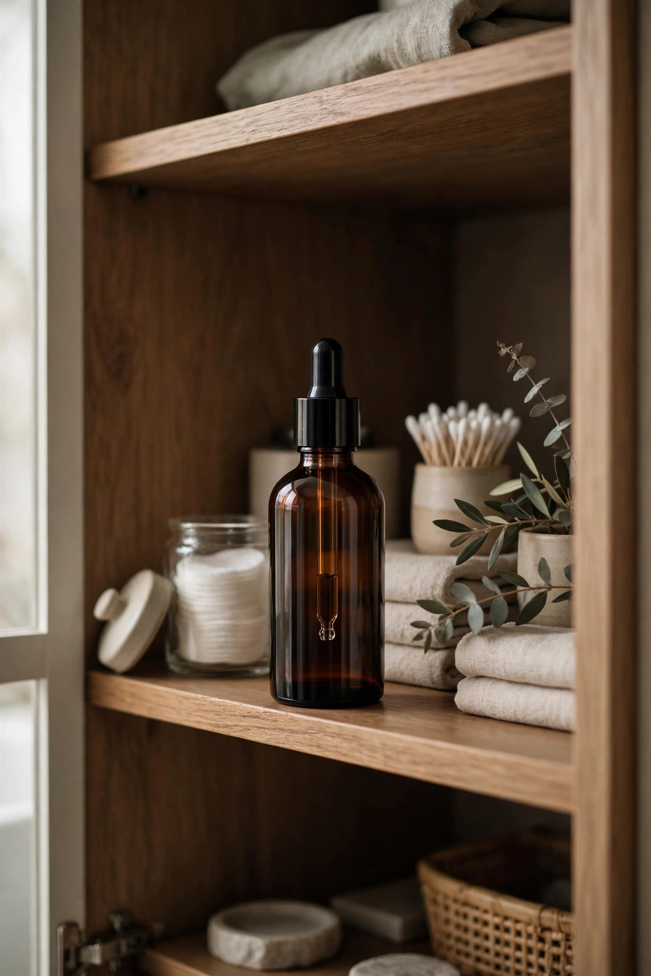 Dark amber glass serum bottle in a bathroom cabinet