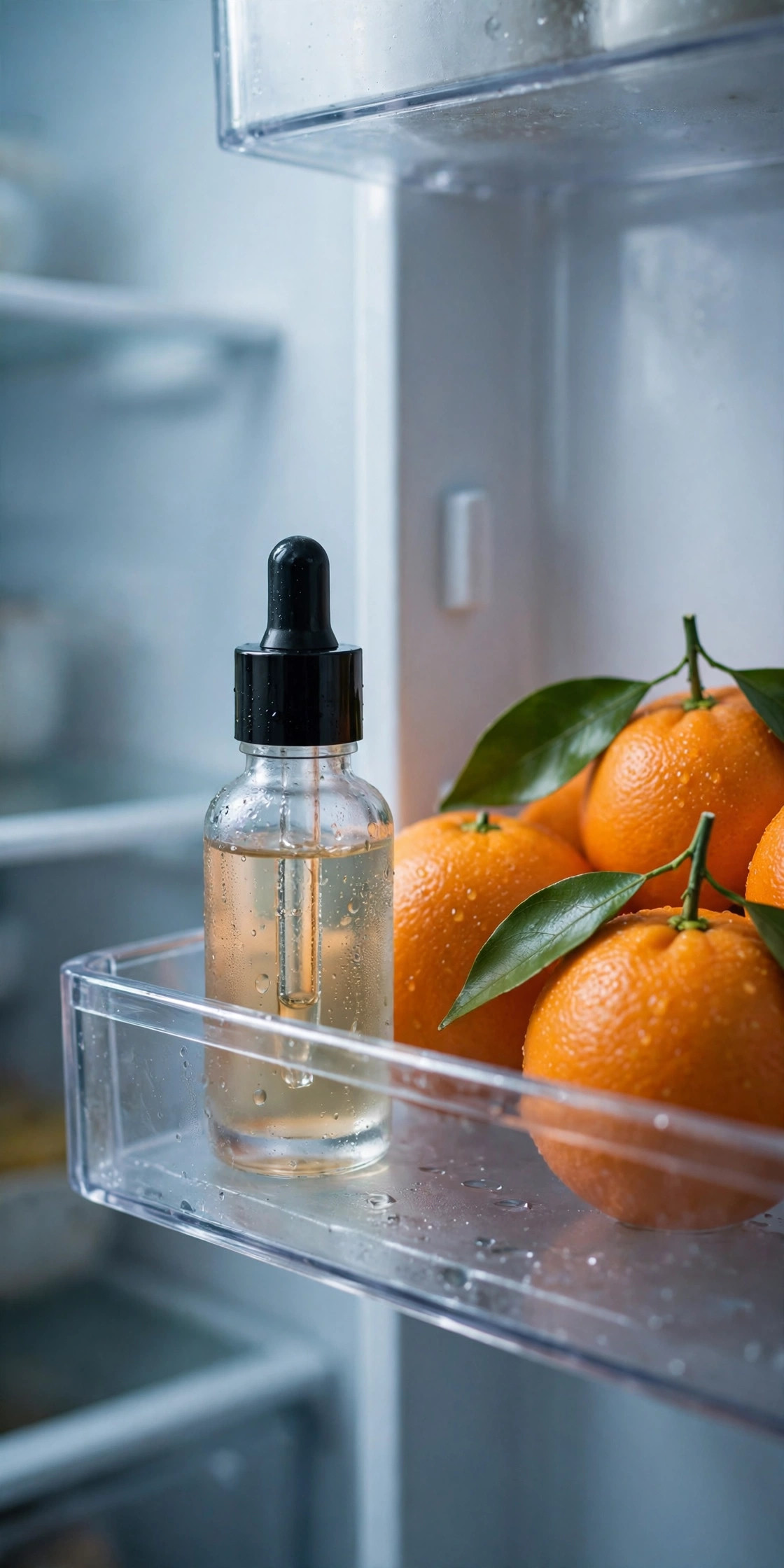Serum bottle in a refrigerator door beside fresh oranges