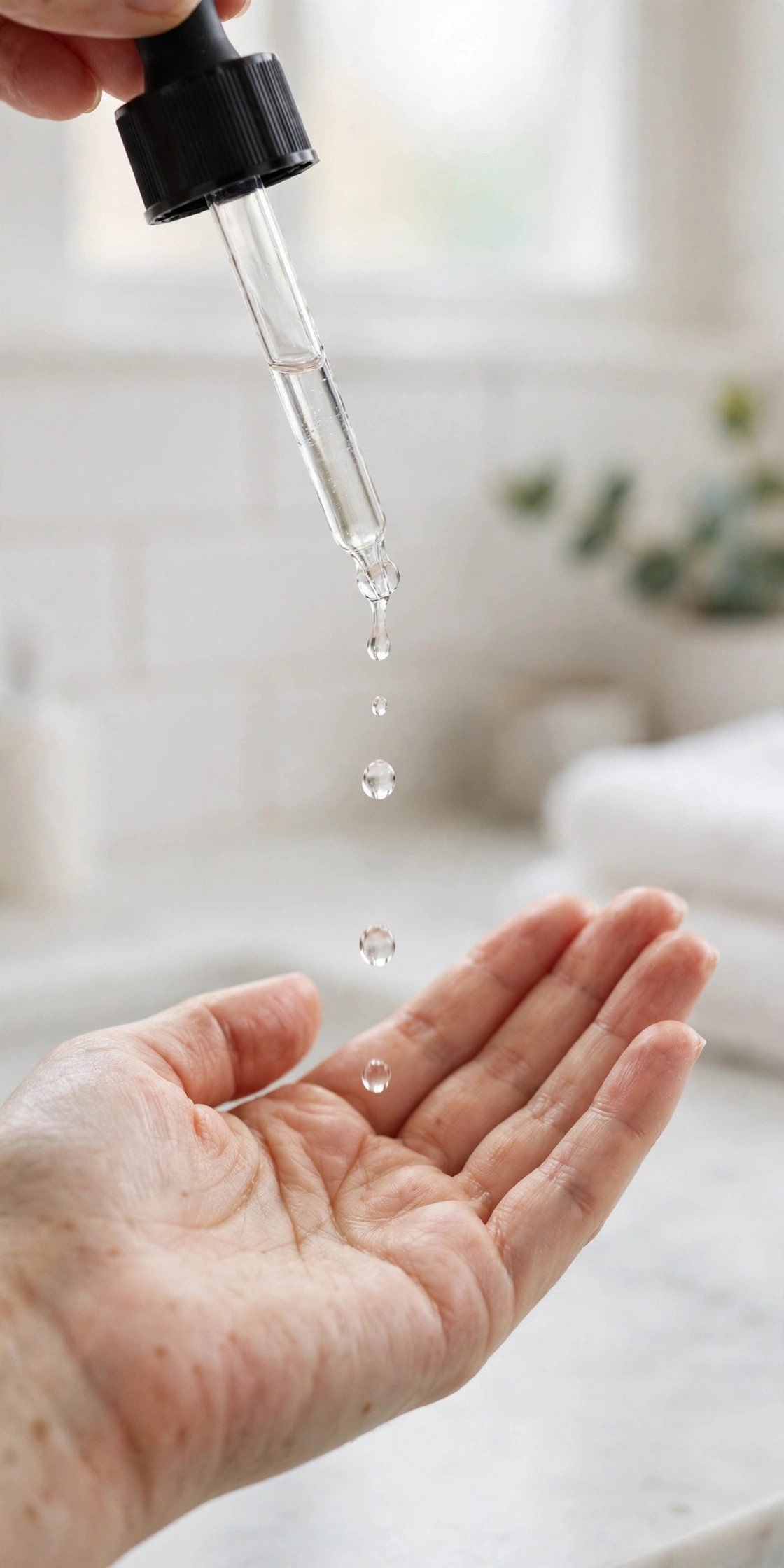 Serum dropper releasing drops above an open palm