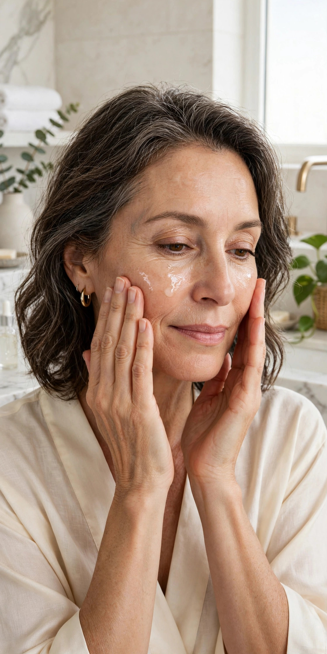 A woman in her 50s gently patting serum into her cheek