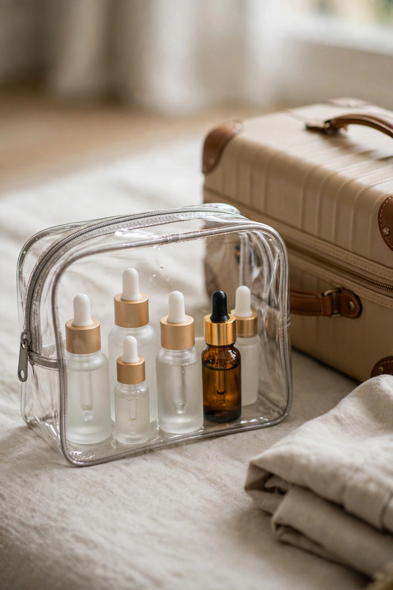 Travel-size serum bottles in a clear toiletry bag beside a suitcase
