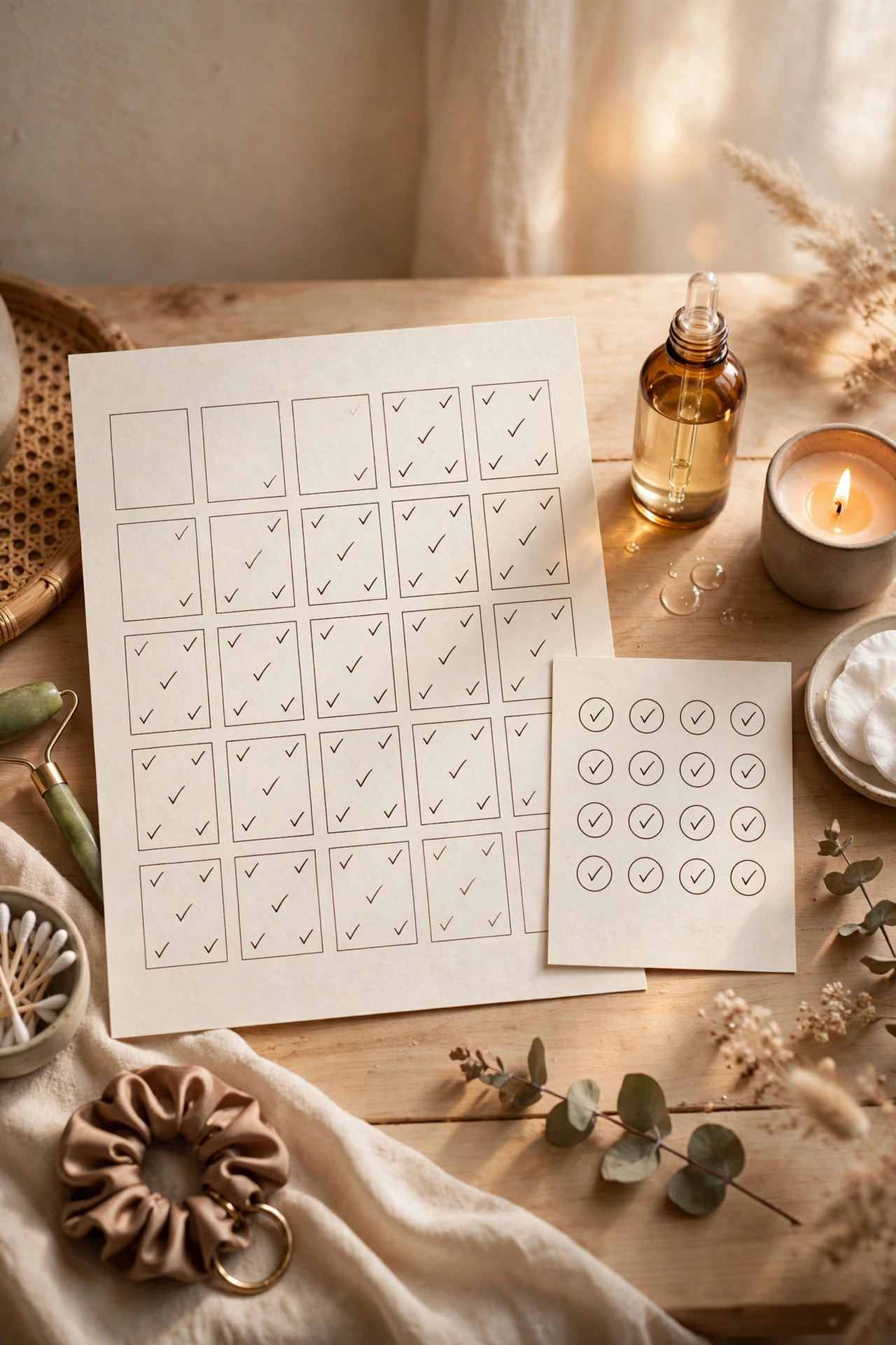 Monthly calendar with skincare routine checkmarks on a vanity