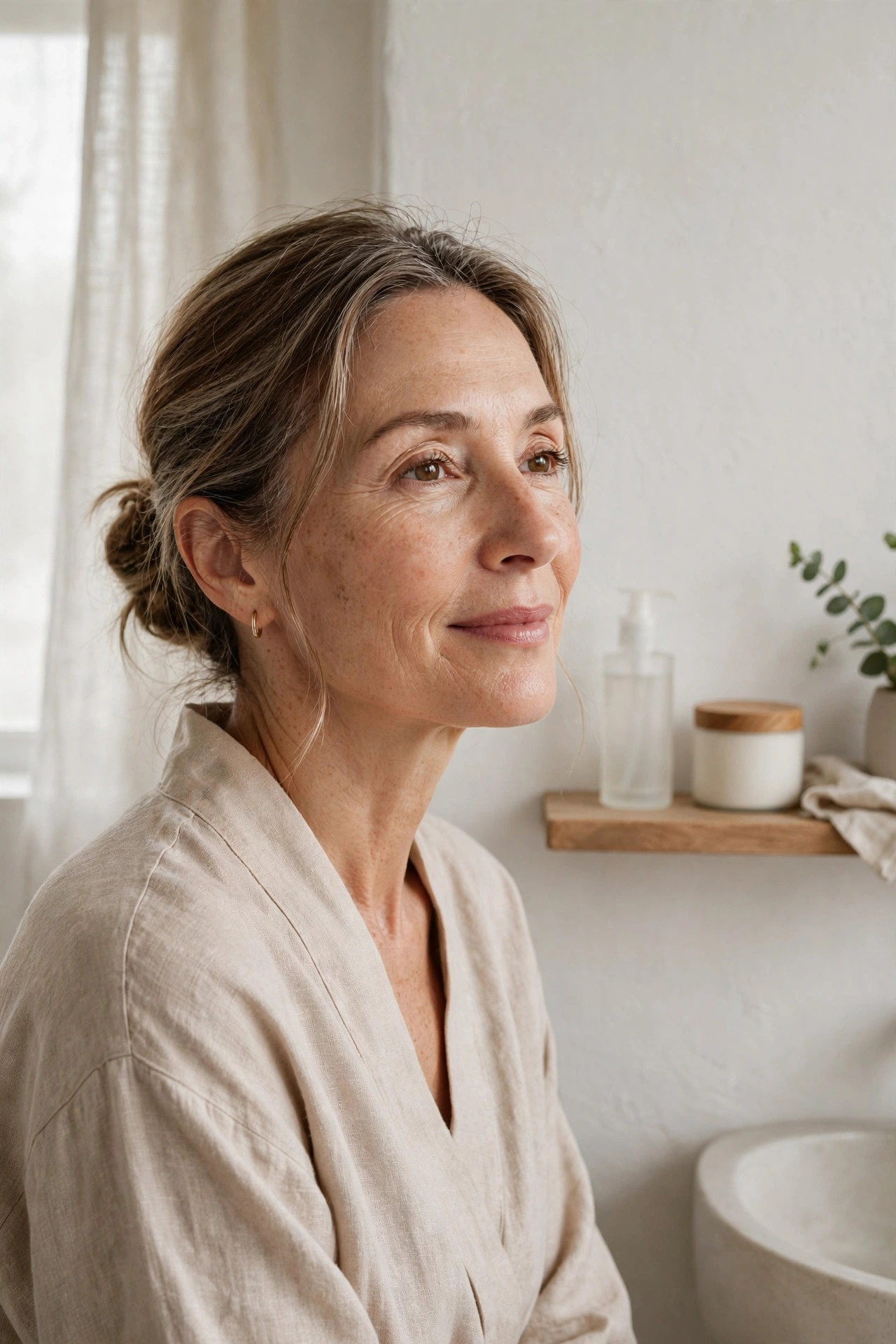 A woman in her 50s with a simple calm skincare shelf, minimalist bathroom