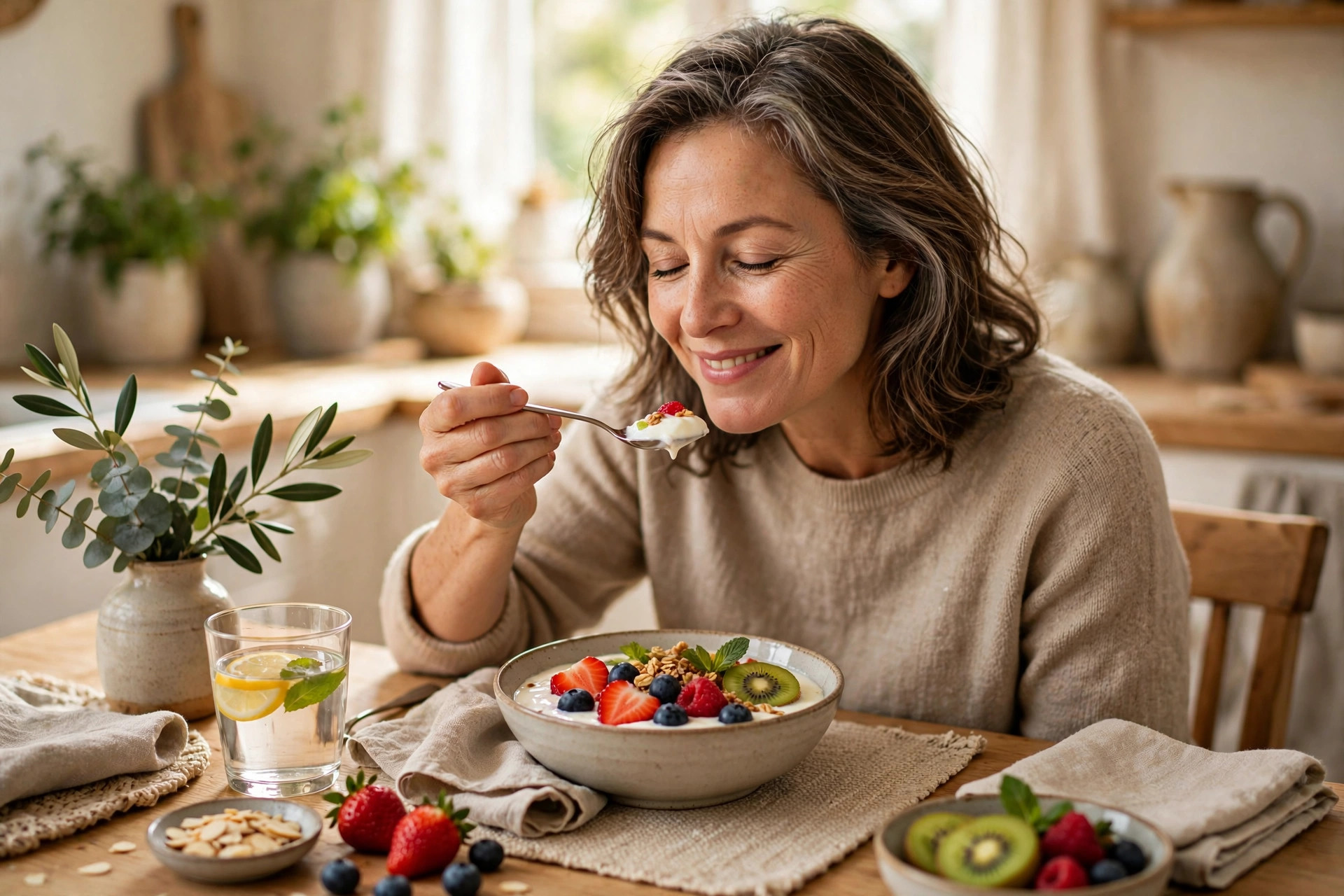Woman in her 50s enjoying yogurt with fruit at breakfast
