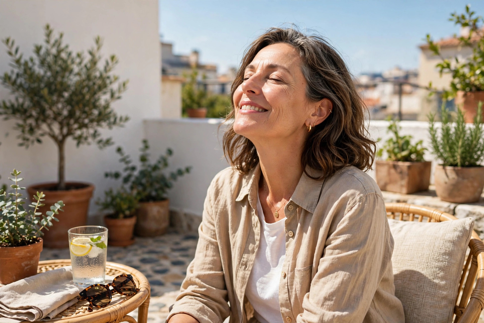Woman in her 50s enjoying sunshine on a bright terrace