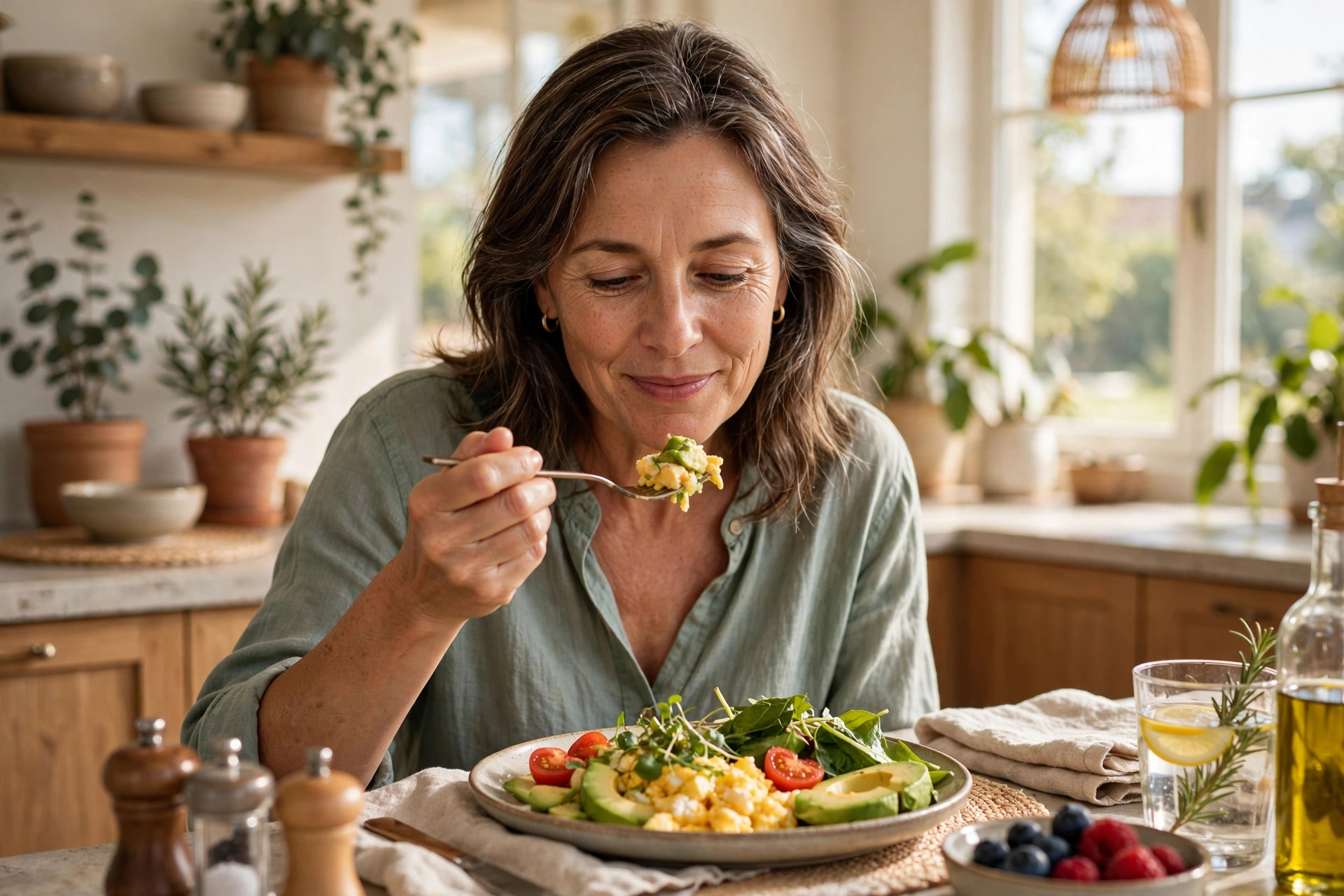 Woman in her 50s eating a healthy egg breakfast
