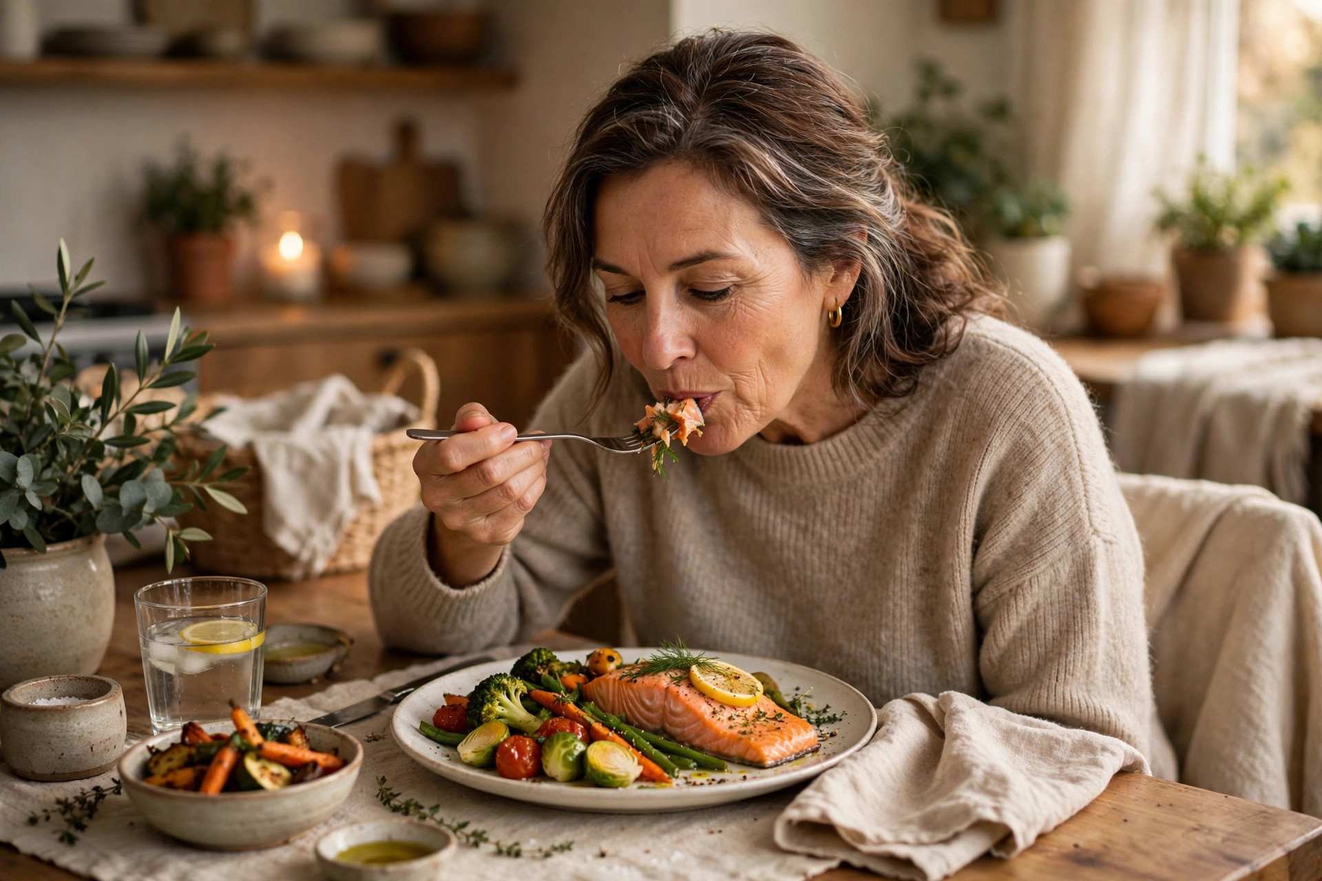 Woman in her 50s eating a salmon dinner with vegetables