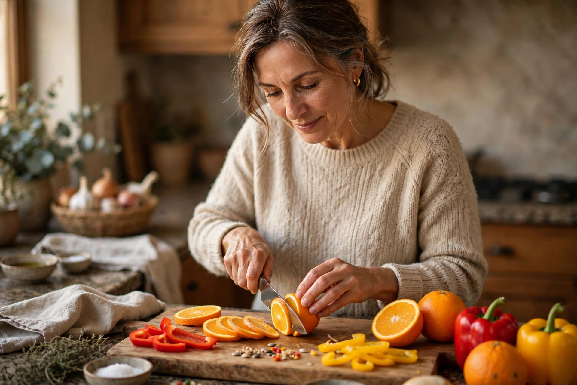 Woman in her 50s slicing oranges and peppers